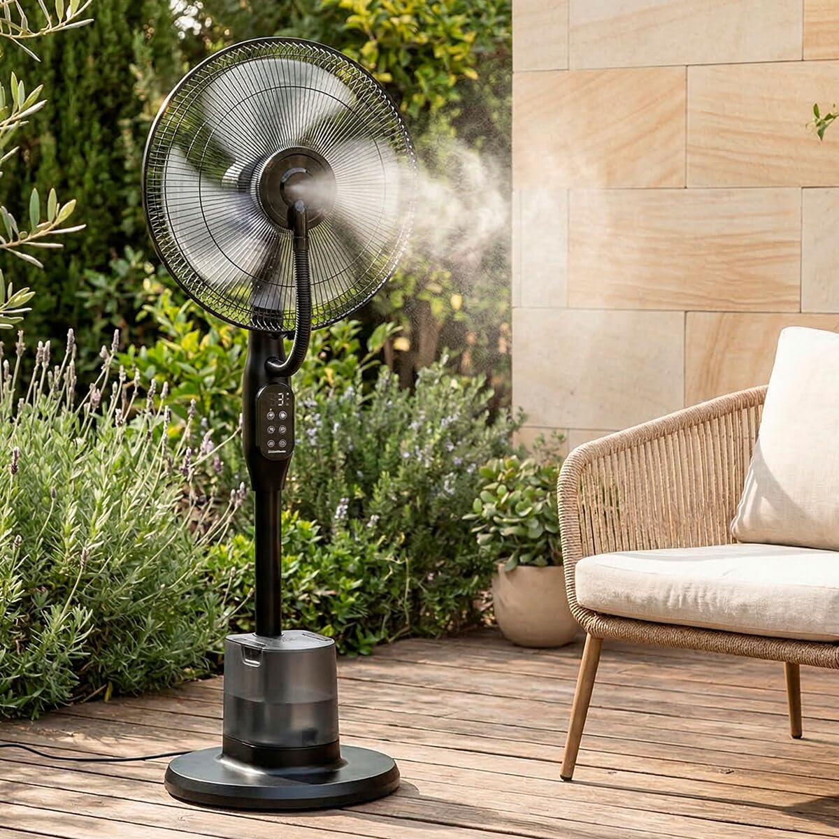 InnovaGoods - Ventilador de pie con nebulizador de 3 intensidades, mando a distancia, panel táctil, 3 velocidades, 3 modos, oscilante 80º, temporizador, ruedas, motor de cobre, silenciador, 90 W