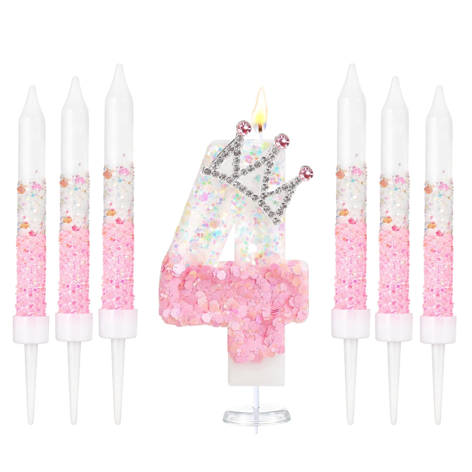 Crown Number Birthday Candles, Glitter Pink White Birthday Candle with 6 Pcs Long Candles, Stylish Princess Themed Cake Topper for Girls Birthday Party Supplies (4 Candle)