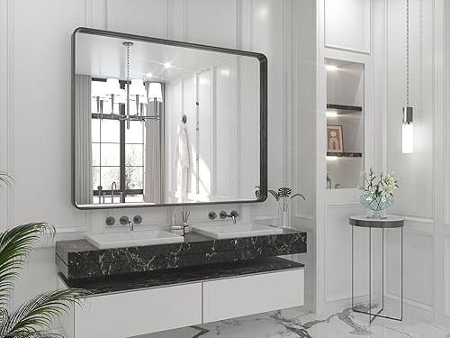 Miniatura 8 de TETOTE Espejo de marco negro de 48 x 40 pulgadas, espejo de tocador de baño para pared, moderno espejo rectangular de esquina redonda mate con marco