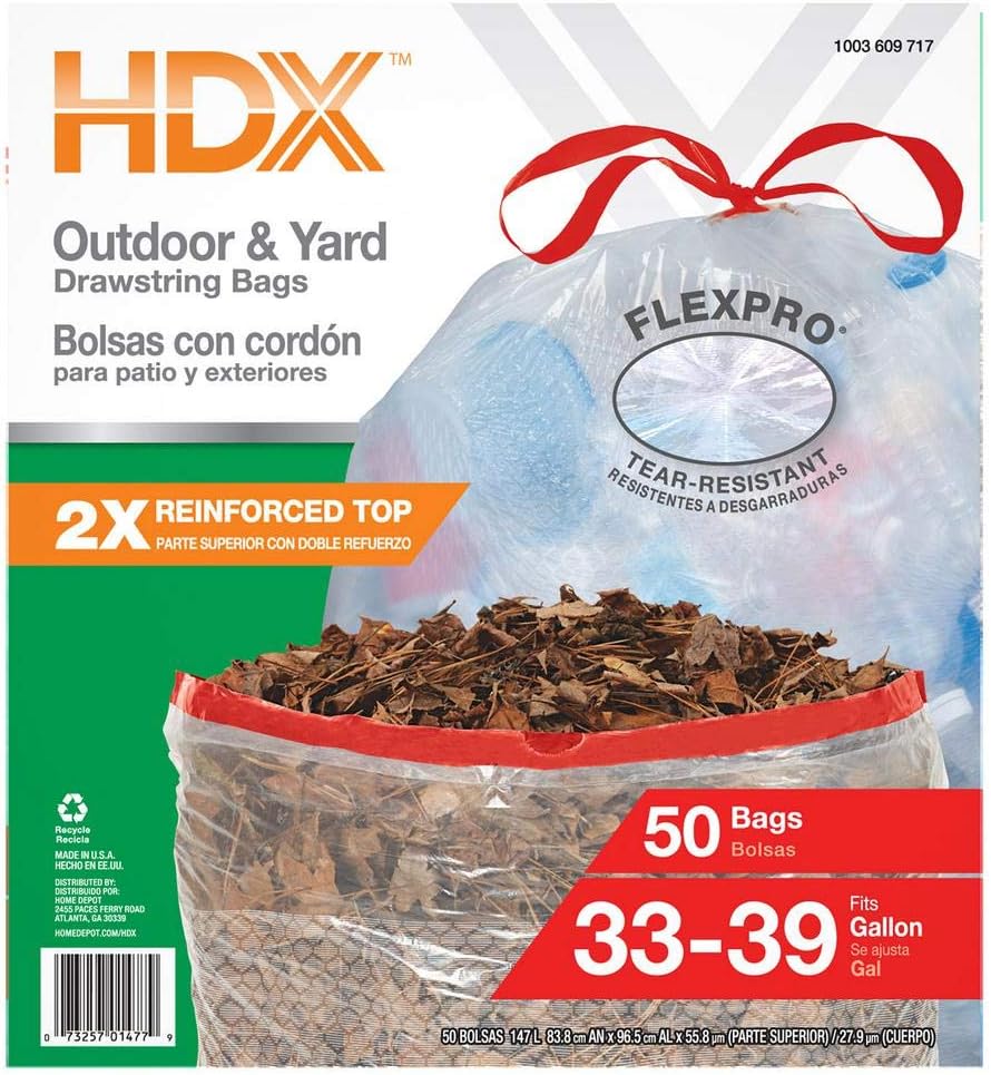 HDX FlexPro 33 Gal. - 39 Gal. Clear Drawstring Outdoor and Yard Trash Bags (50-Count)