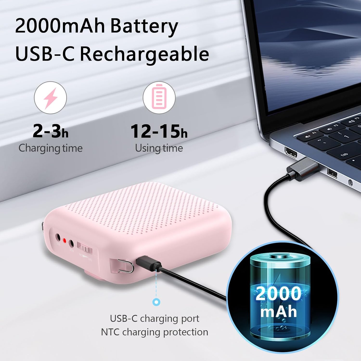 Norwii Bluetooth Voice Amplifier, Power Amplifiers, Portable Mini Wired Microphone Headset for Teacher Classroom & Outdoor Lectures, Teaching, Tour Guides, USB-C Rechargeable - 2000mAh, Pink - Image 4