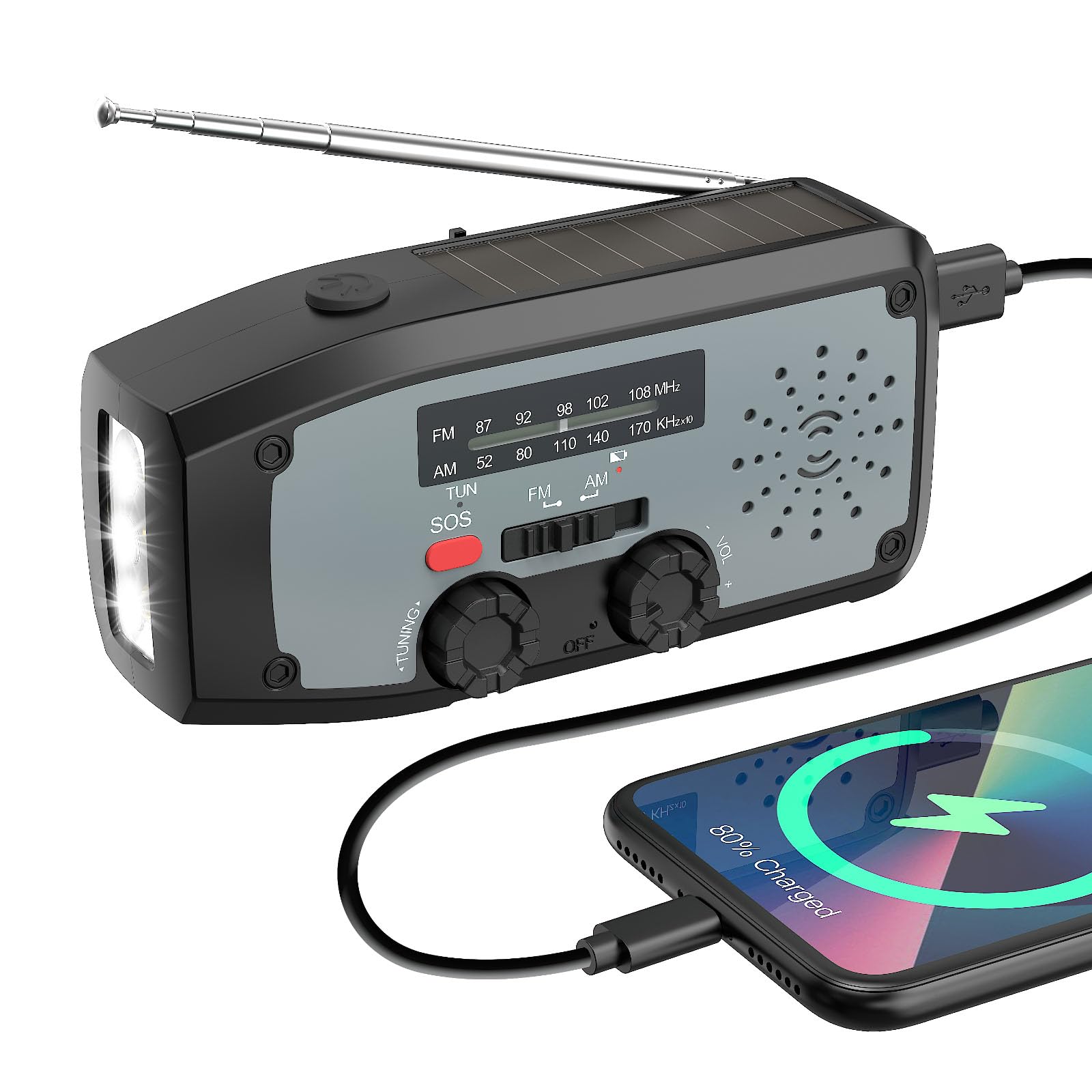 Samodzielne radio korbowe, AM/FM, pogoda i kierunek wiatru, z baterią 2000 mAh, radio awaryjne zasilane energią słoneczną, z latarką LED, alarm SOS, możliwość ładowania smartfonów w sytuacji awaryjnej