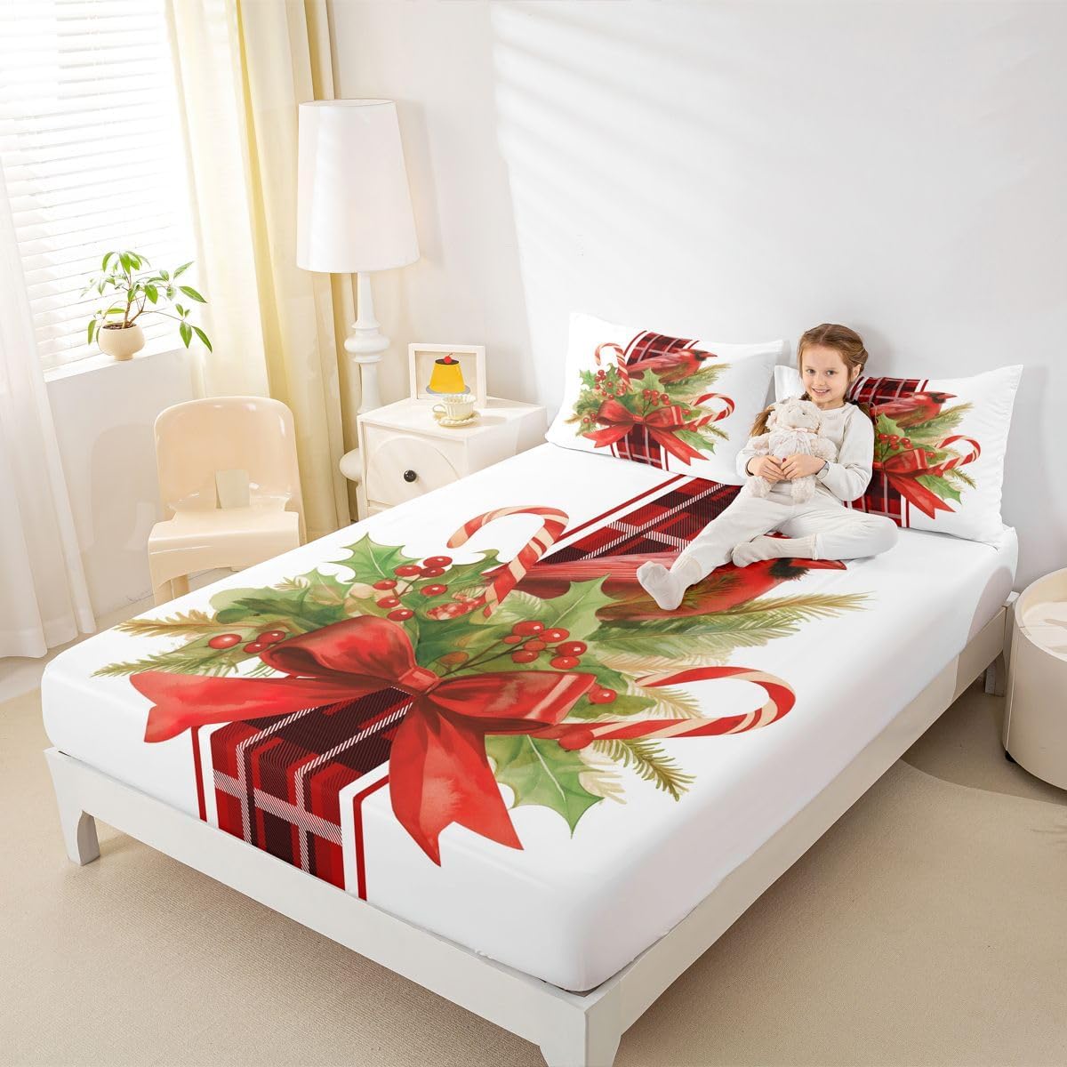 Red Cardinal Bed Sheets for Wife Women Men, Bow Knot Geometric Lattice Fitted Sheet Cute Wild Animals Bird Sheets Full, All Season Holly Leaves Bed Set, Room Decor Aesthetic