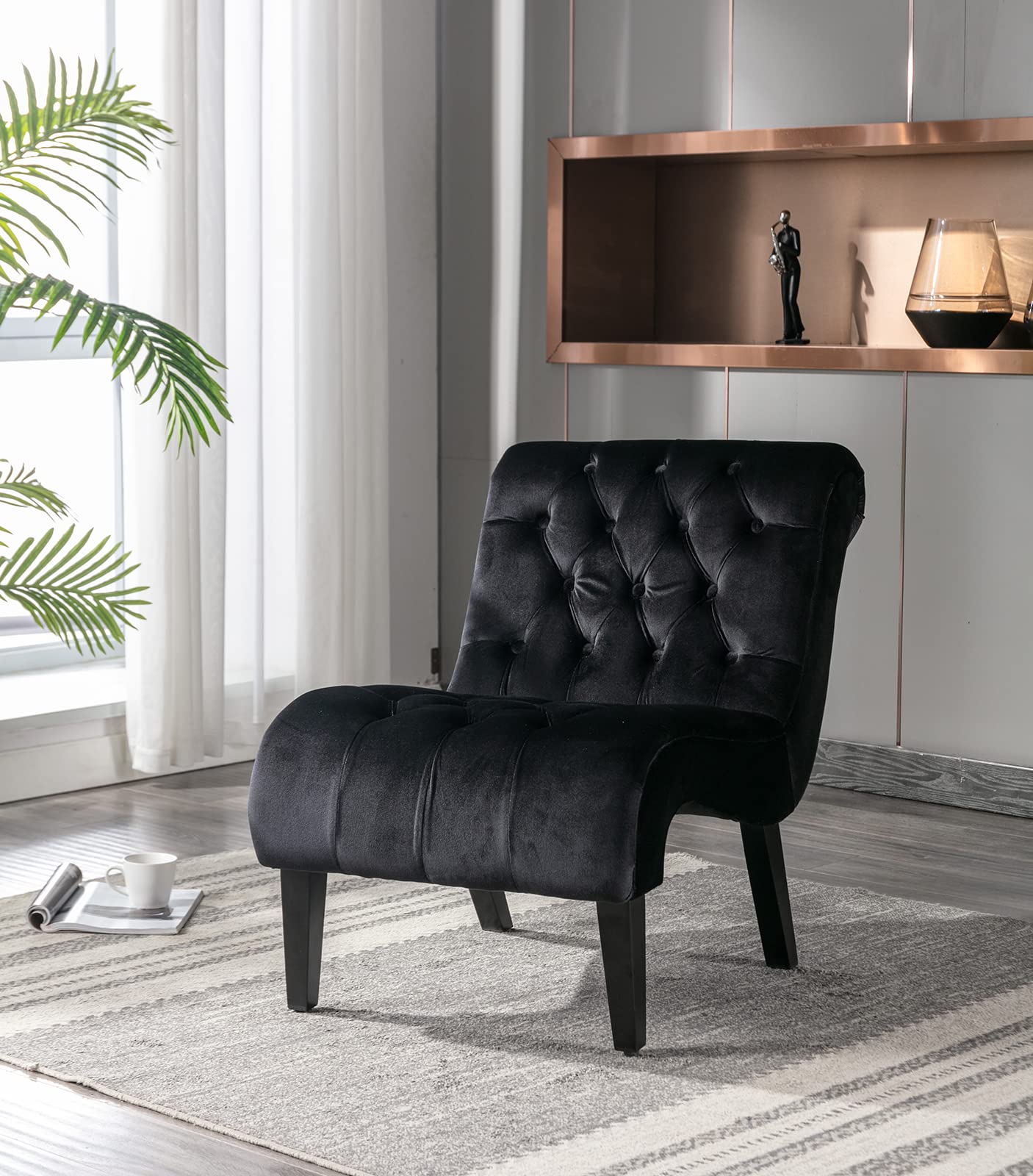 Comfy Velvet Accent Chair, Upholstered Armless Side Chair for Living Room, Modern Small Lounger with Tufted Back and Rolled Edge Design, Comfy Reading