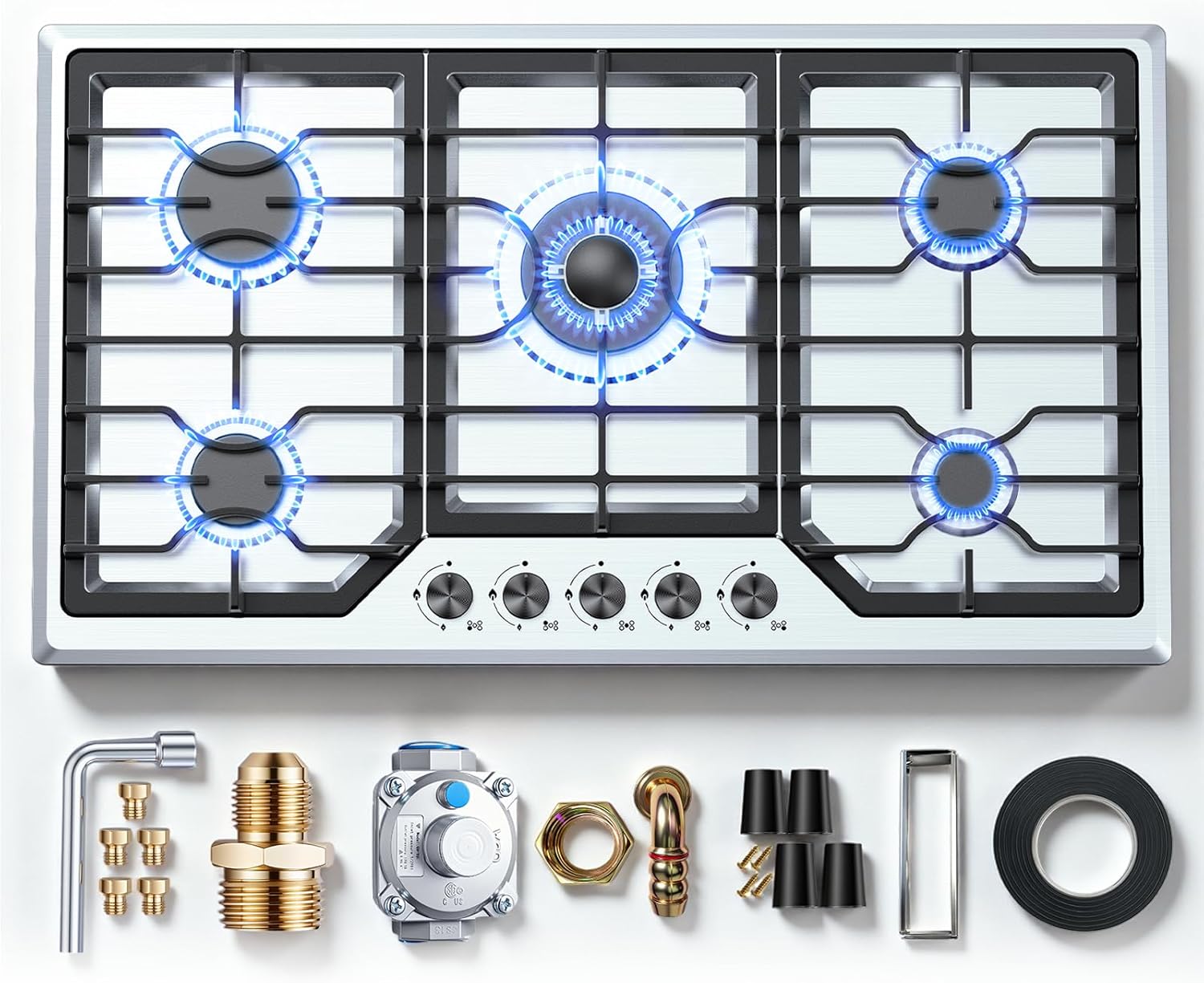 Gas Cooktop 36 Inch ROVLEP, Gas Stove Top Built-in 5 Burners Stainless Steel Total 37,600 BTU, NG/LPG Convertible Propane Cooktops Dual Fuel, RV Stove Top with Thermocouple Protect (36 INCH)