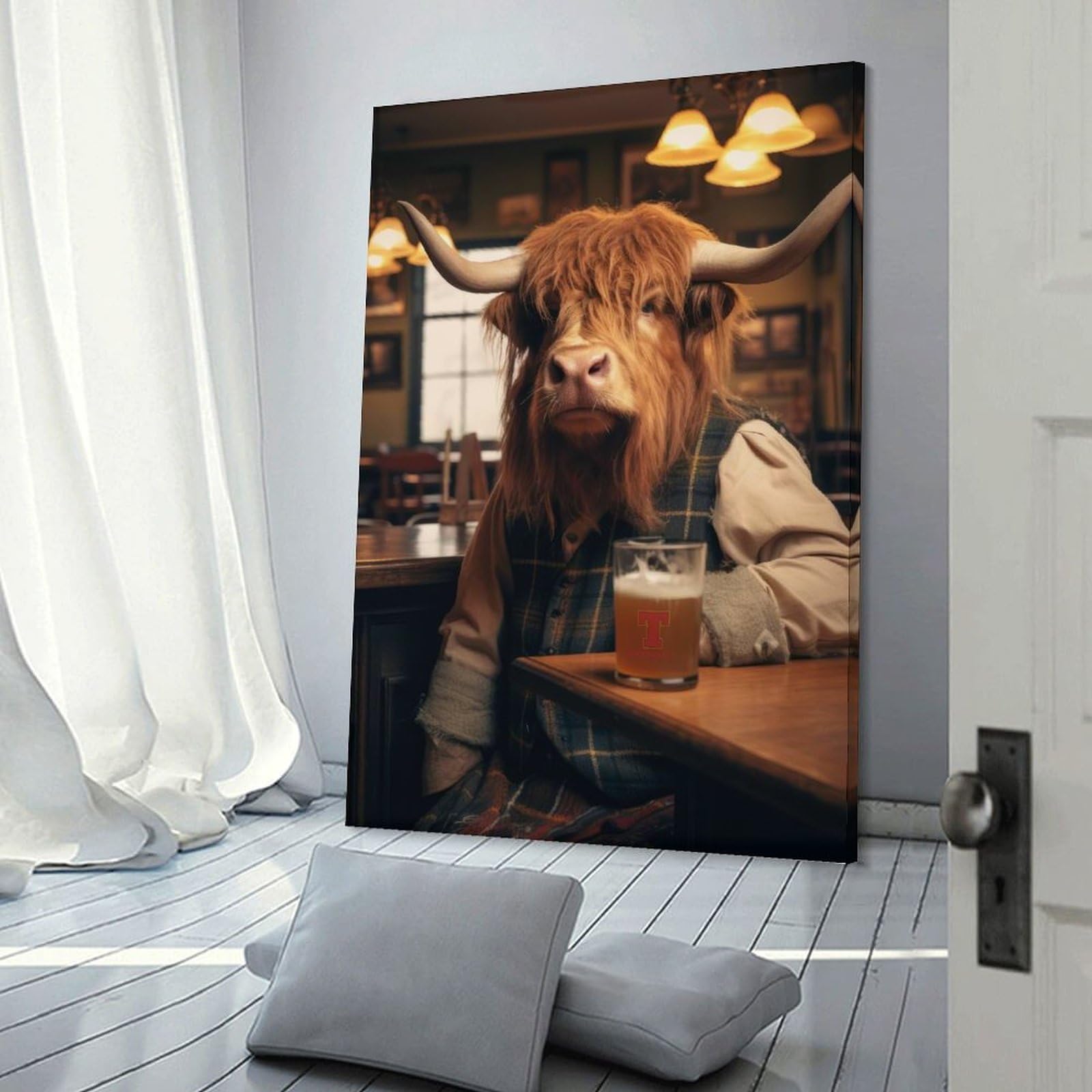 Junmoney Frame-Style-23 Highland Cow Drinking Beer Decorative Canvas Print, 24X36inch(60X90cm), For Living Room, Bedroom Or Home Office, Canvas Artwork With Gifting Potential