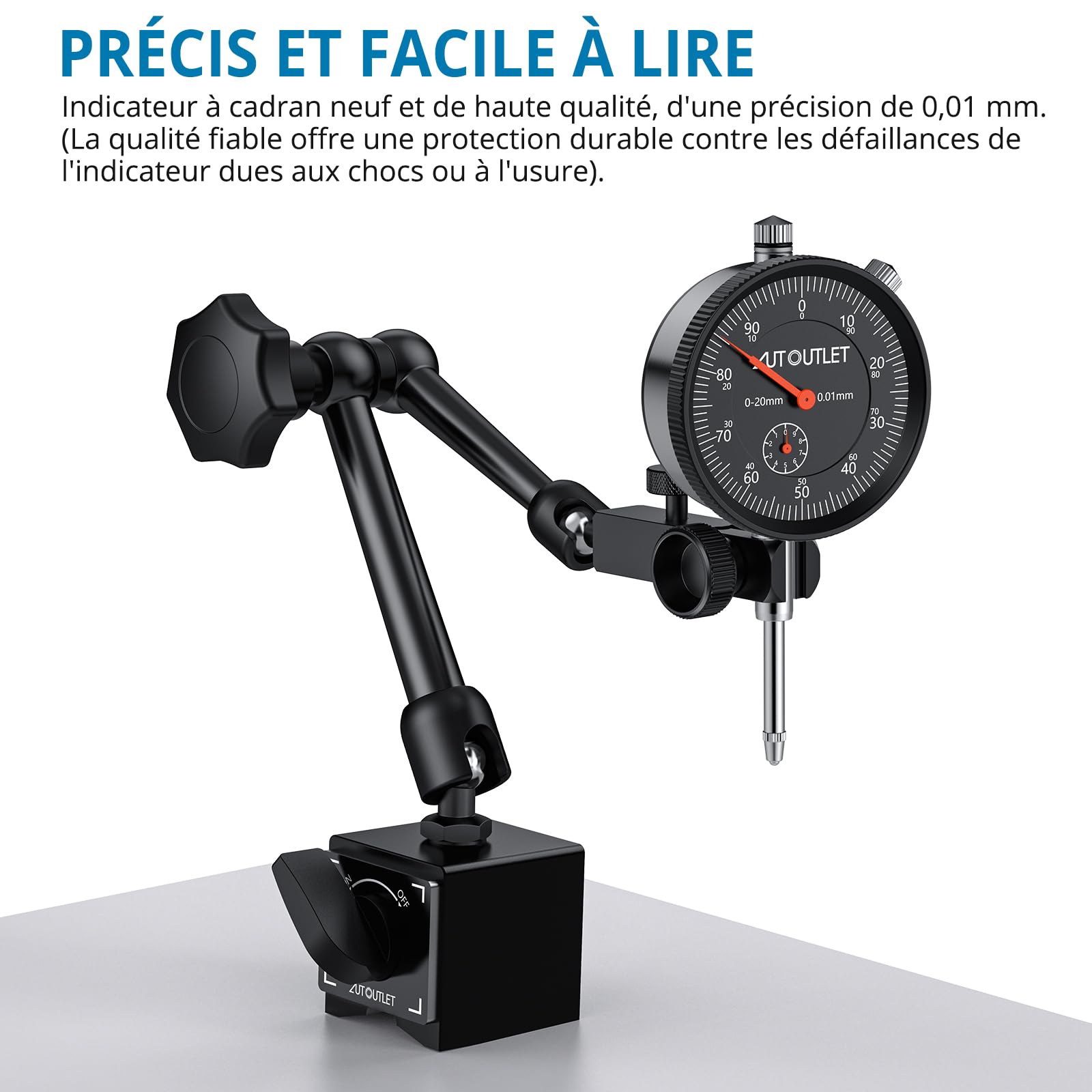 AUTOUTLET Comparateur et pied magnétique avec serrage central de 25 cm, force de traction maximale de 60 kg, plage de mesure de 0 à 20 mm, bouton de mesure, trépied magnétique, support de comparateur