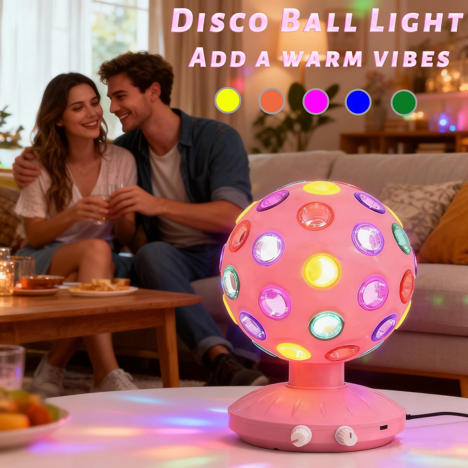 Boule disco de 15,2 cm, vitesse de rotation et luminosité réglables, lampe stroboscopique avec câble USB pour anniversaire d'enfants, décoration de Noël (alimentation par piles USB/AA) (rose)