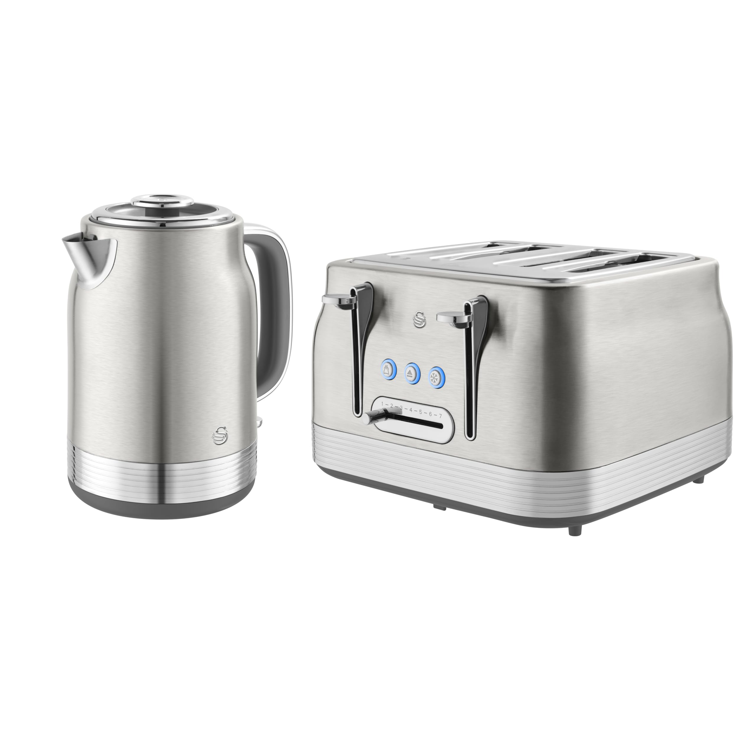 Swan Retro Kitchen Set, 1.7L Rapid Boil Jug Kettle with 360 Degree Base and 4 Slice Toaster with 7 Browning Levels, 1860W, Stainless Steel, SK19025SS & ST19029SS
