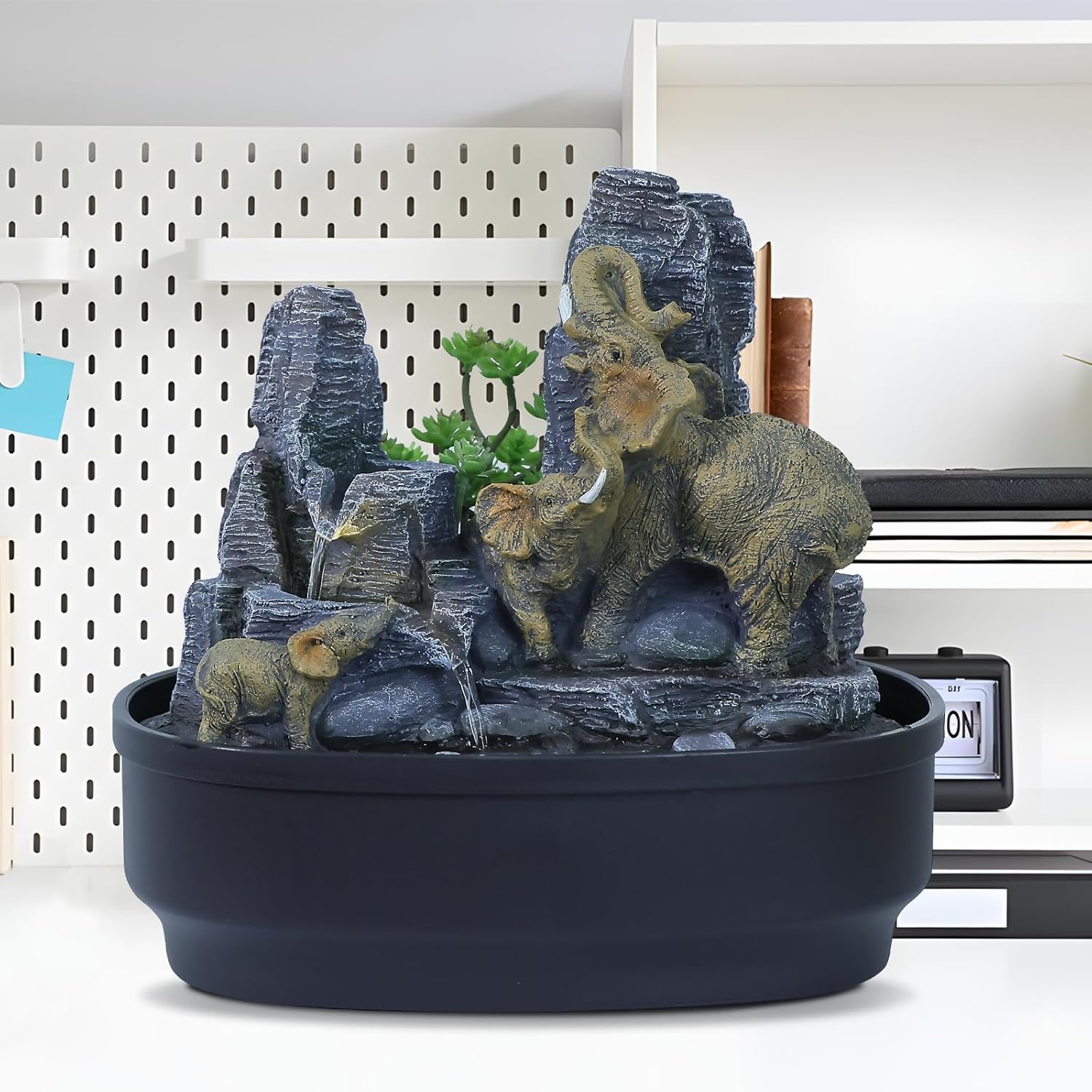 Elephant Tabletop Fountain with Cascading Rocks & LED Lights, Zen Indoor Water Feature for Living Room/Office/Bedroom, Multi-Room Home Decor and Elephant Lover Gift (10.8" H) Grey Elephant
