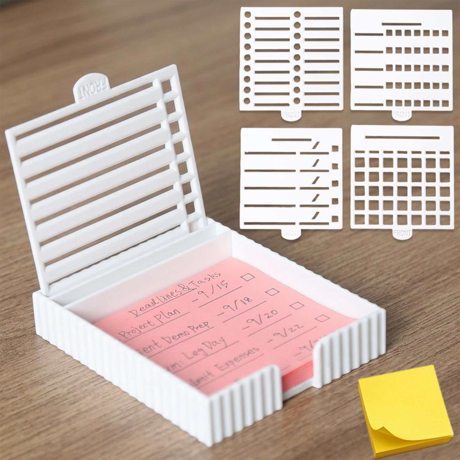 Sticky Note Dispenser with Stencil, Compatible with Post-It Note, Organizer for 3x3 Self-Sticky Note Pads, Desk Accessory, The School and Office Supplies, 1 Count