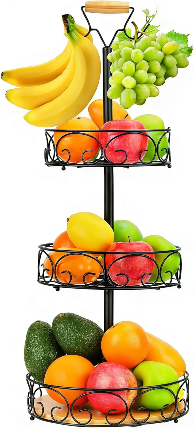 3-Tier Fruit Basket Bowl Vegetable Storage with 2 Banana Tree Hanger for Kitchen Countertop, Tall Metal Wire Basket Holder for Potatoes Bread Onions Black