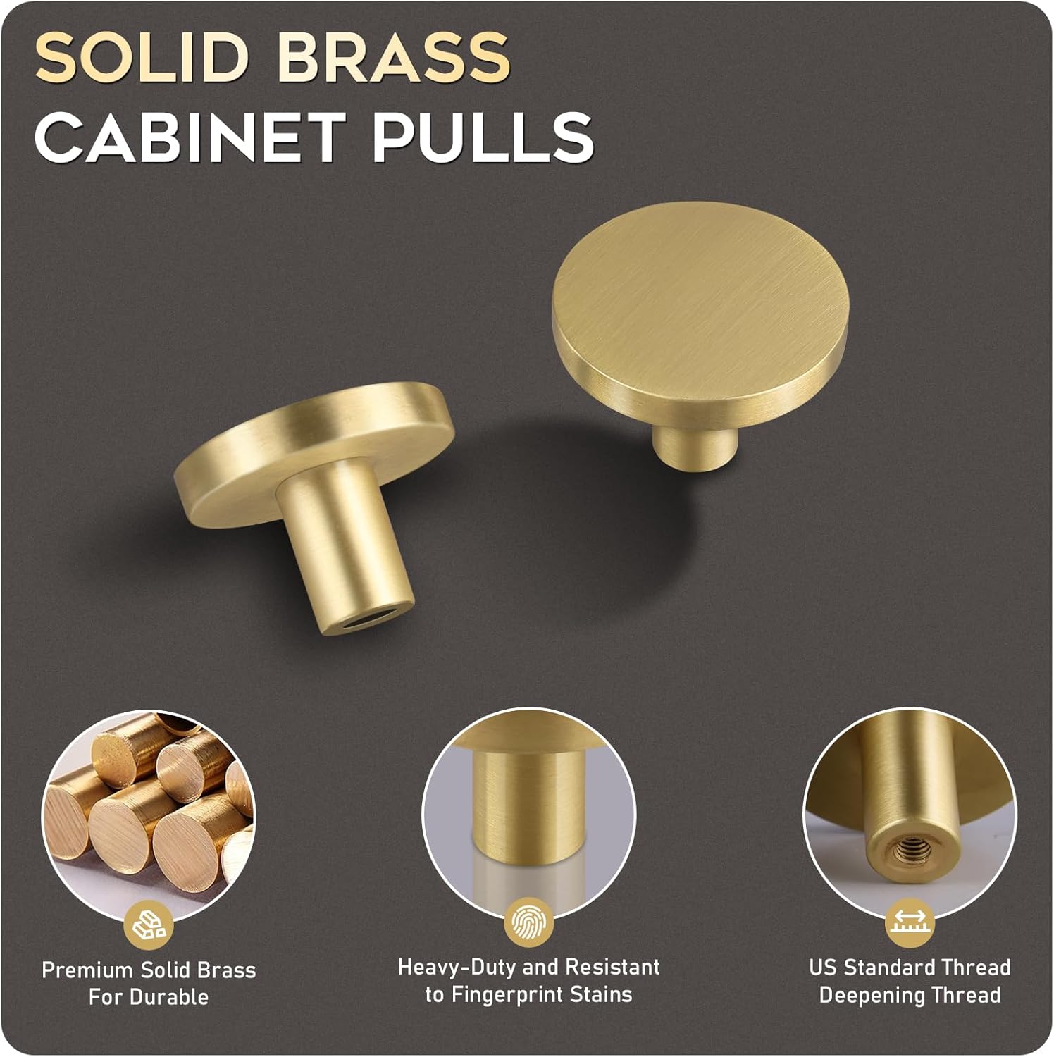 Yiking Soild Brass Brushed Gold Cabinet Knobs - Heavy Duty Real Brass Dresser Knob,Modern Round Gold Closet Door Pulls Small Gold Hardware for Kitchen Bathroom Bedroom Furniture 8pcs 1-5/16in
