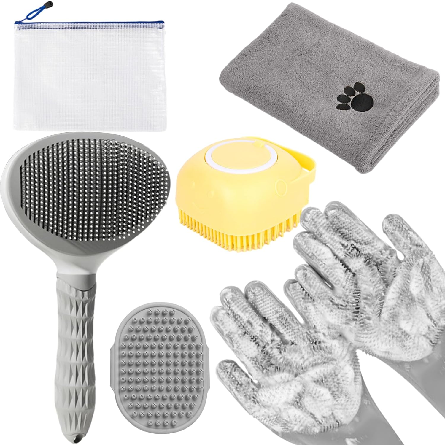 6-in-1 Gray Pet Grooming Equipment: Hair Brush, Towel, Washing Gloves, Slicker Brush, and Shampoo Scrubber for Canines and Cats