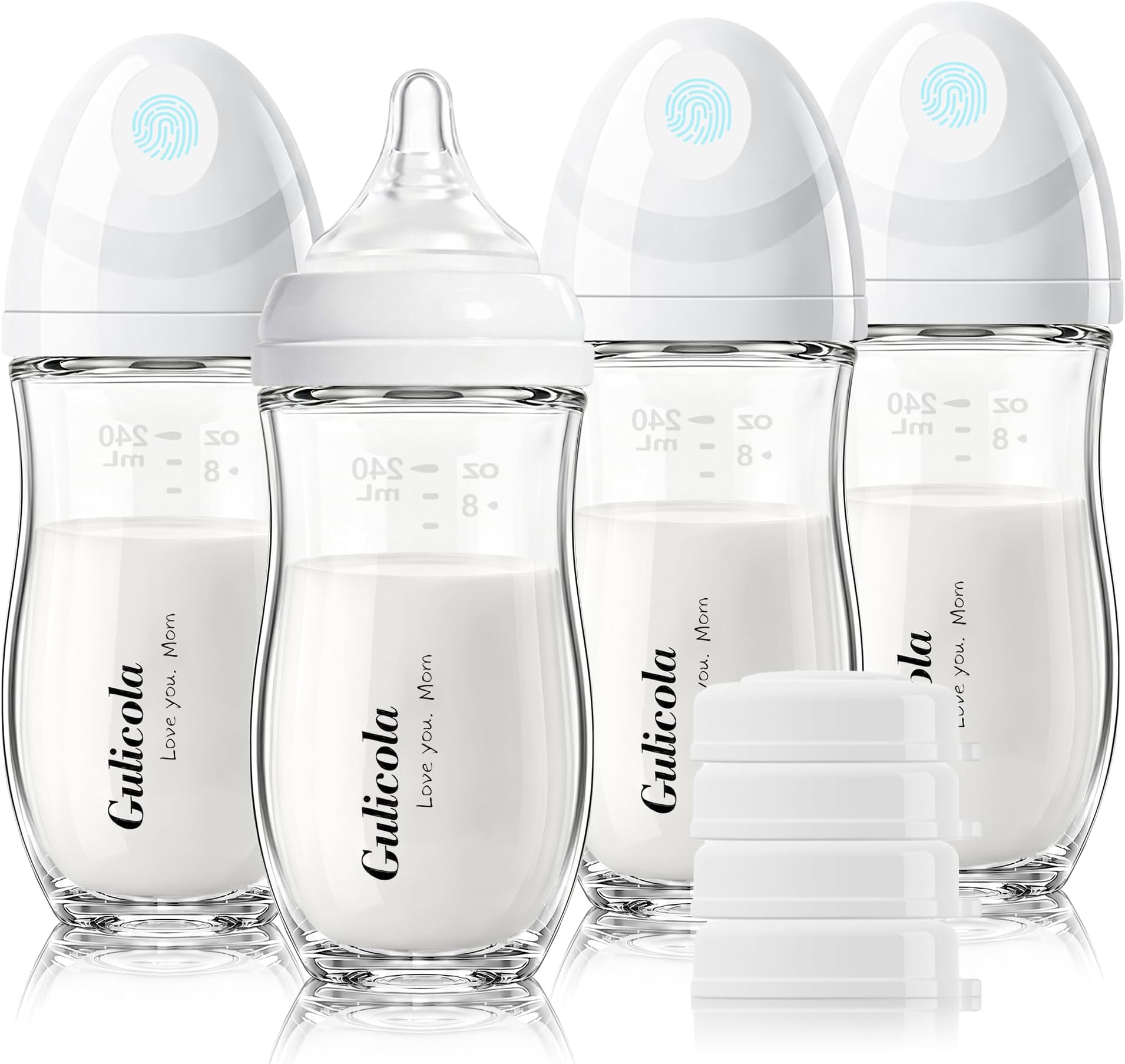 Natural Glass Baby Bottle 8 oz for Breastfed Babies, Anti-Colic Baby Bottle Set with Medium Flow Nipple, 3 Months +, 4 Pack - White