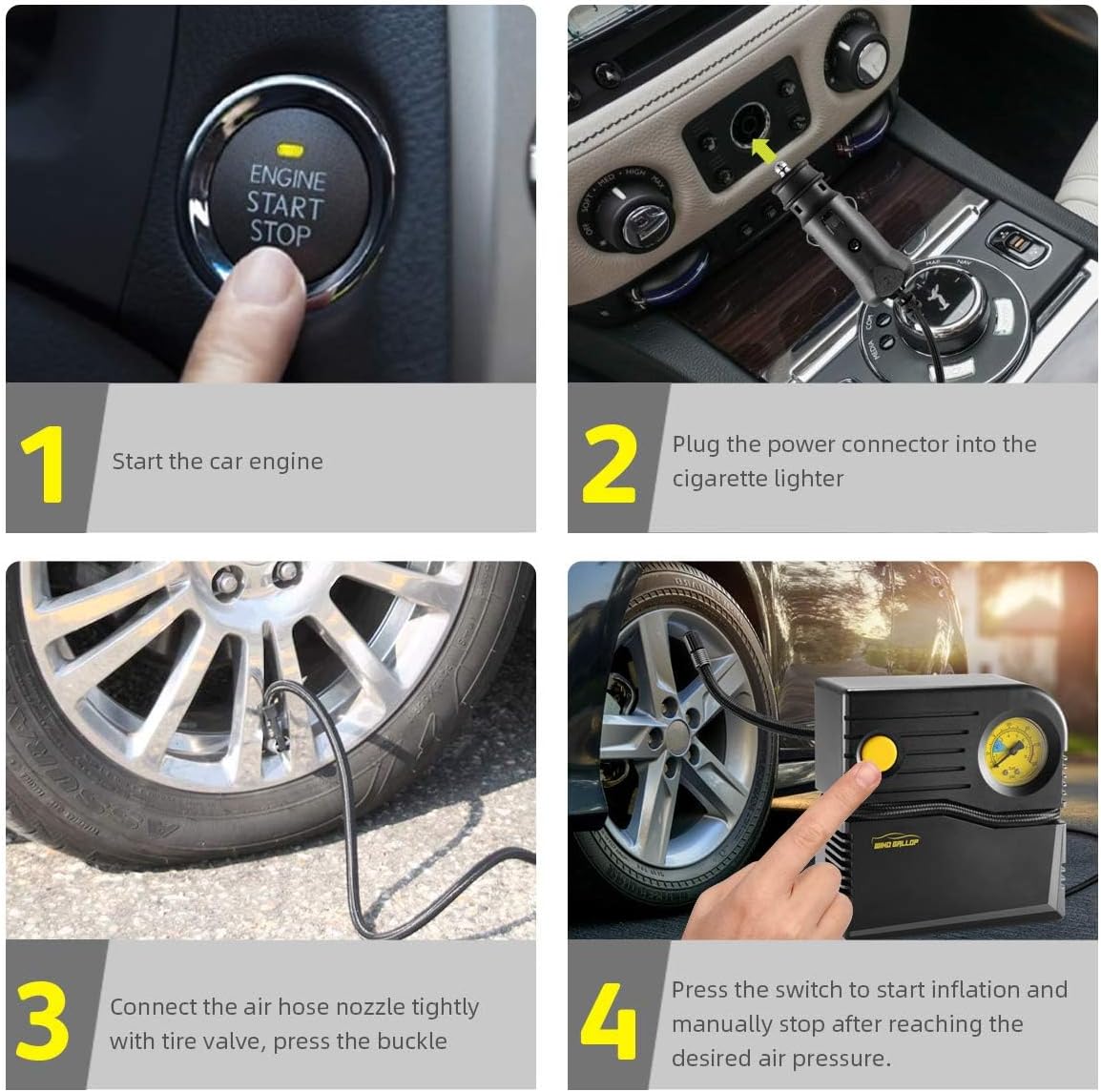 Pompe à pneus électrique WindGallop – emballage et accessoires