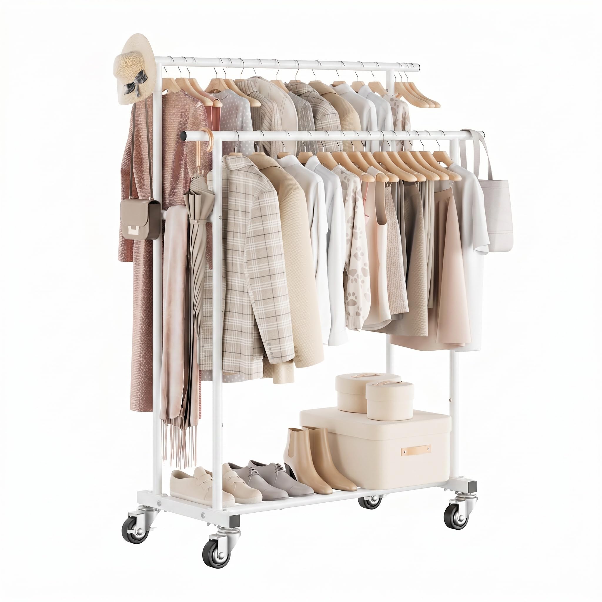 Calmootey Kleiderständer mit Doppelstange, rollbarer Kleiderständer, tragbarer Kleider-Organizer für Schlafzimmer, Wohnzimmer, Bekleidungsgeschäft, Weiß