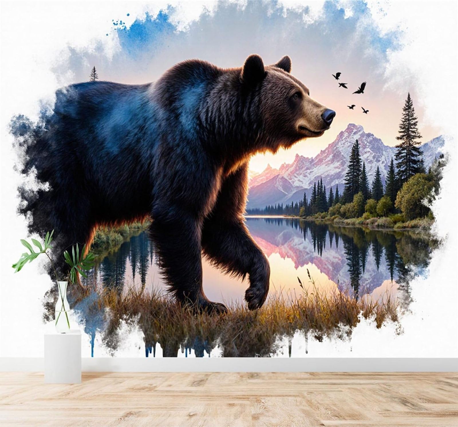 Tzxztt Mountains Lakes Brown Bears Forests Birds Modern 3D Wallpaper Premium Textured Silk Neutral Tones Material Ideal for Living Room Bedroom-250cm×170cm