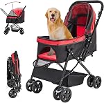 Poussette chien pour petits chiens et chats moyens, Pousset de chat pour chiot pliant Pousse de chat avec porte-gobelet et panier de rangement, 4 Roues roses