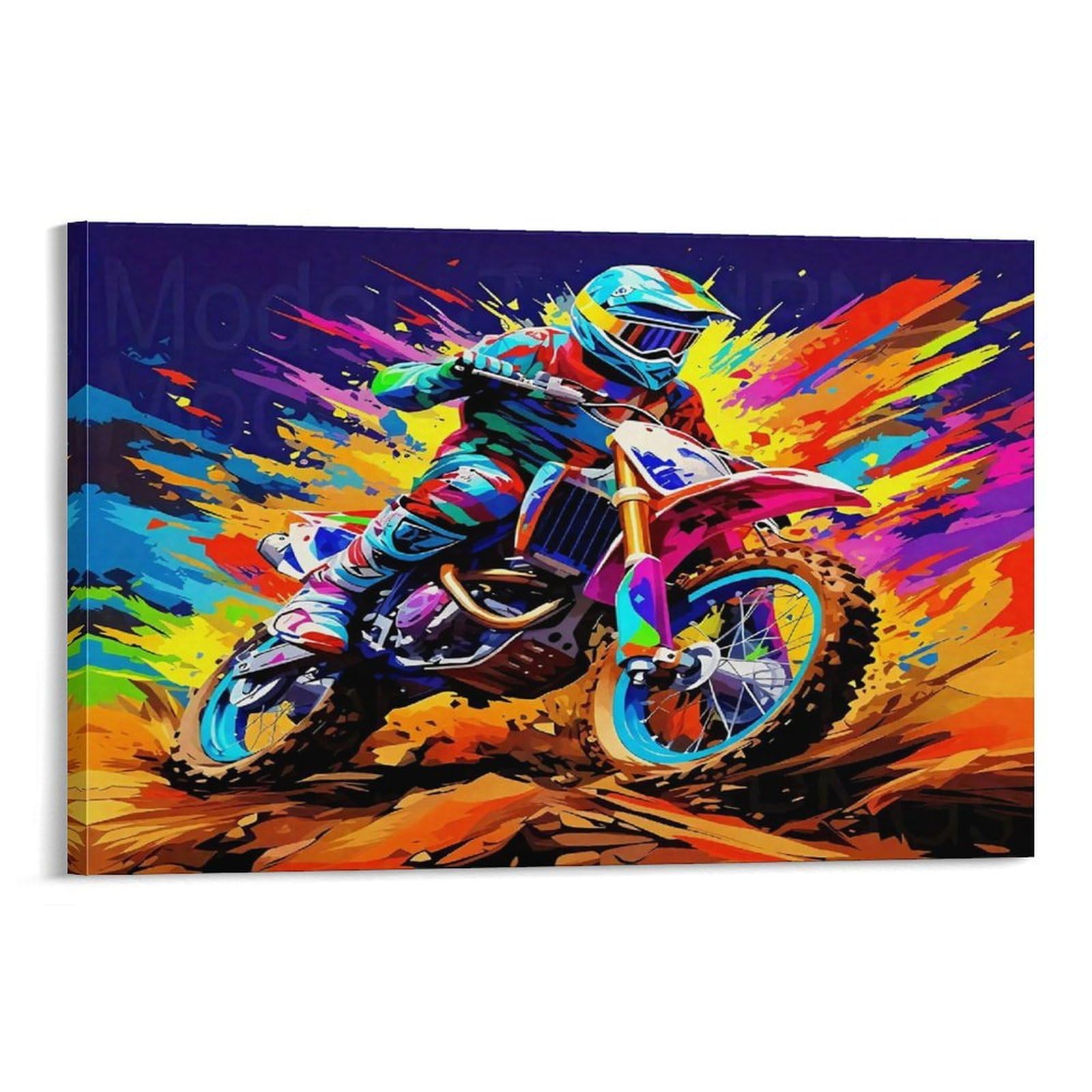 CPLVKWRQJ Vibrant Motocross Rider in Action Single Piece Motocross Rider Explosion Art Canvas Wall Decor - Office Canvas Print Fade Resistant Wall Focal Art Decor 08x12inch(20x30cm)