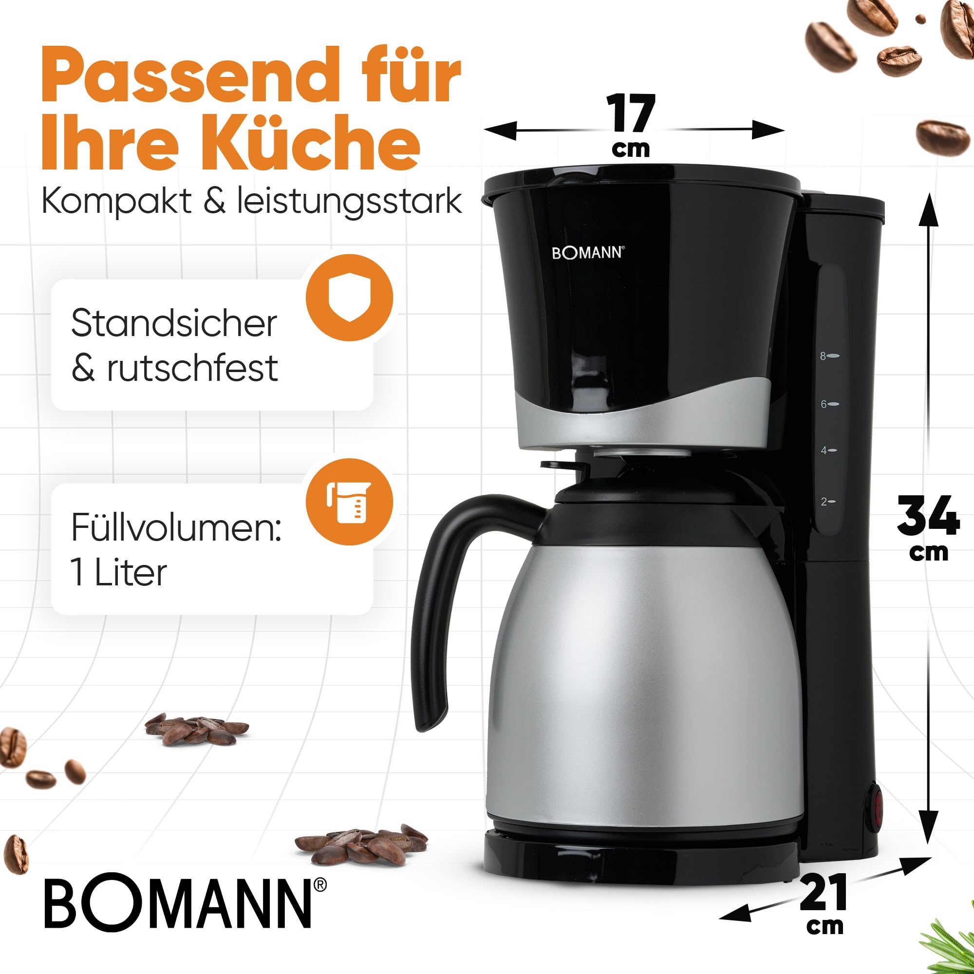 Bomann® Filterkoffiemachine, voor 12-14 kopjes, Filterkoffiemachine, Roestvrijstalen behuizing, Druppelstop, Koffiemachine, Filterkoffiemachine, 800W, KA 6071 CB