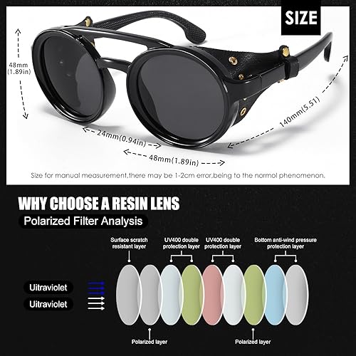 Miniatura 3 de Gafas de sol polarizadas estilo steampunk estilo aviador retro con escudo lateral de cuero, gafas vintage góticas para hombres y mujeres