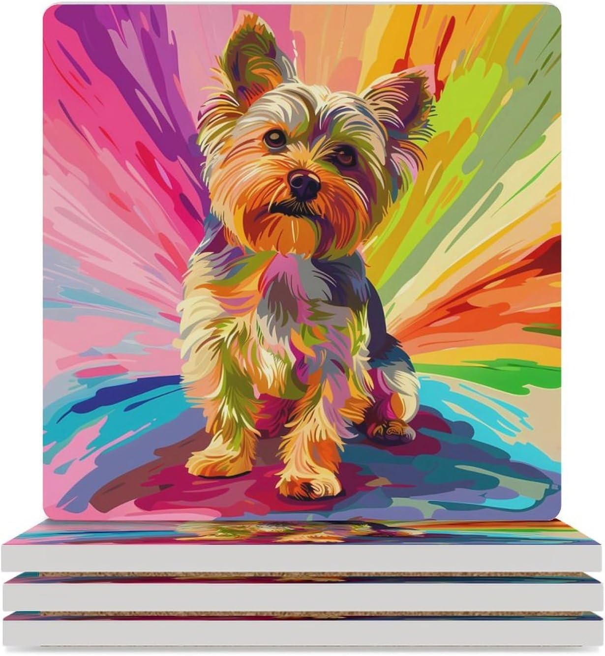 Cute Yorkshire Terrier Coaster for Drinks Square Ceramic Table Coasters Stone Mat Crafts 6PCS Home Kitchen Decor