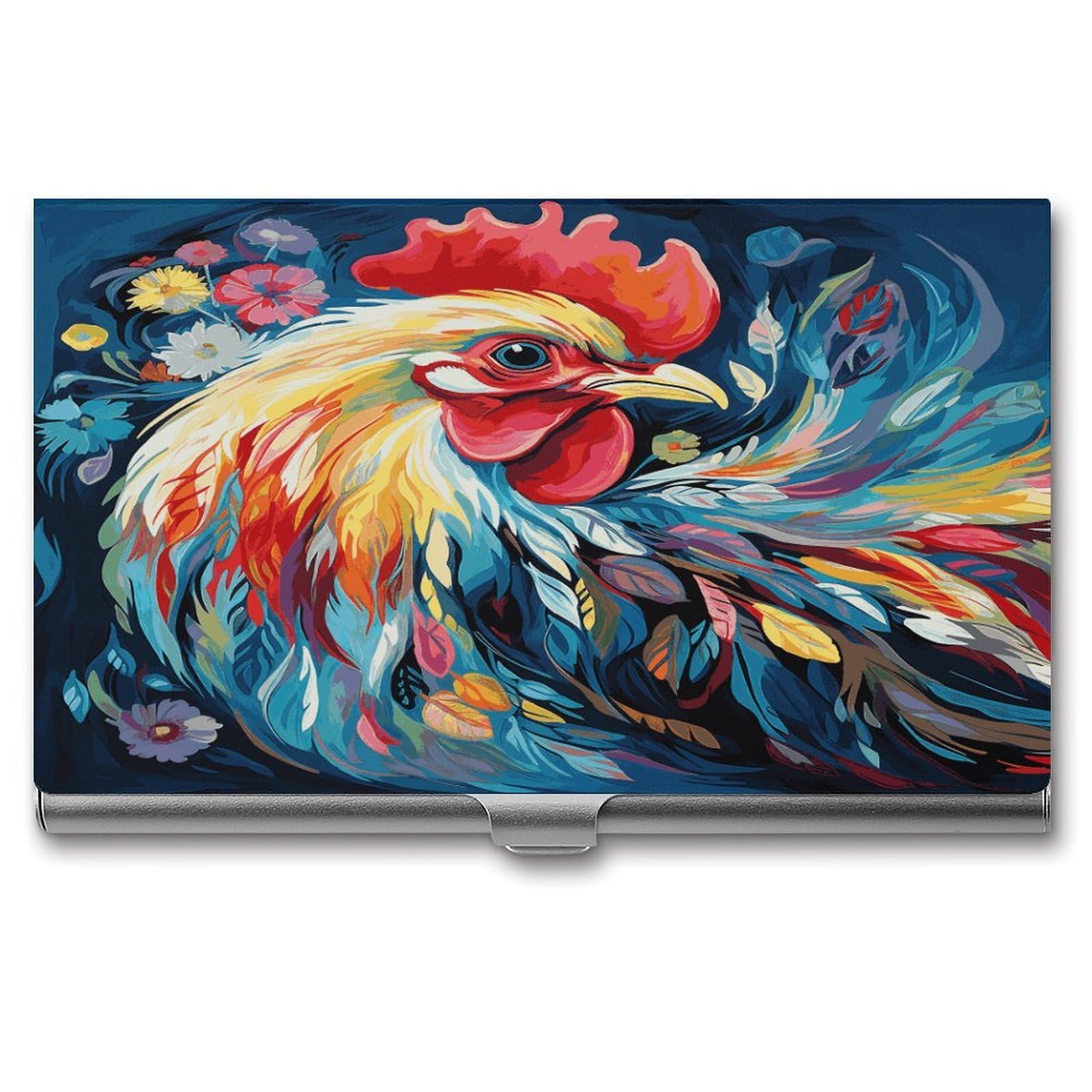 Vstadank Unisex Style Art Colorful Chicken Business Card Holder Slim Name Cards Holder Aluminum Alloy Flip Cover Credit Cards Wallet Pocket Metal Case Professional Metal Business Card Case For Work