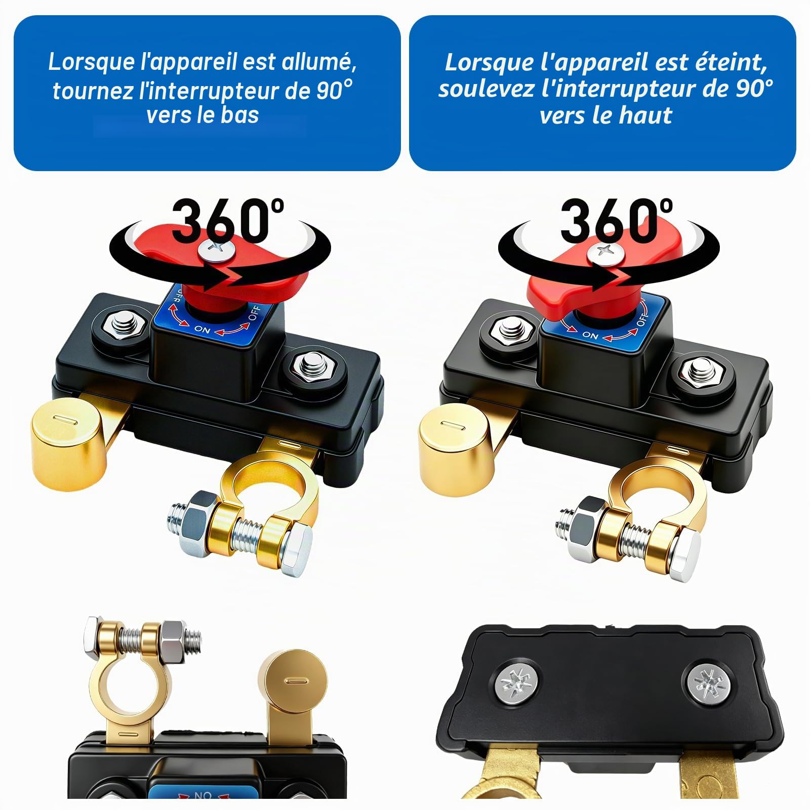 Lot de 2 Coupe Circuit Batterie 12V-24V, Cosse Coupe Batterie en Cuivre Pur, Interrupteur 12v, Haute Conductivité & Transmission Stable, Adapté pour Voiture, Camion, Bateau, Camping-Car et Moto