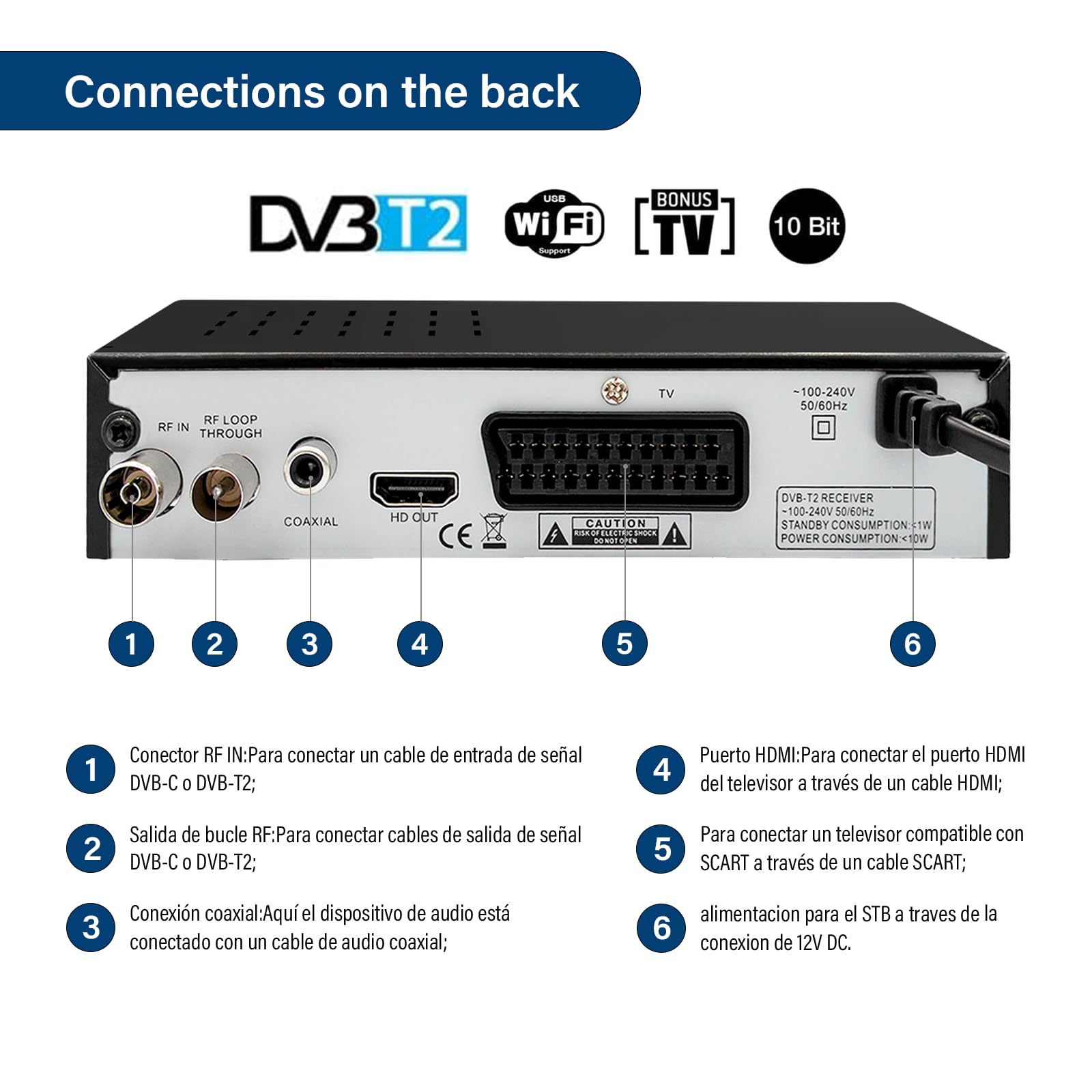 DVB-T2 H265 HEVC FTA, PVR, USB, HDMI, decoder digitale SCART TV, adattatore per guardare canali HD