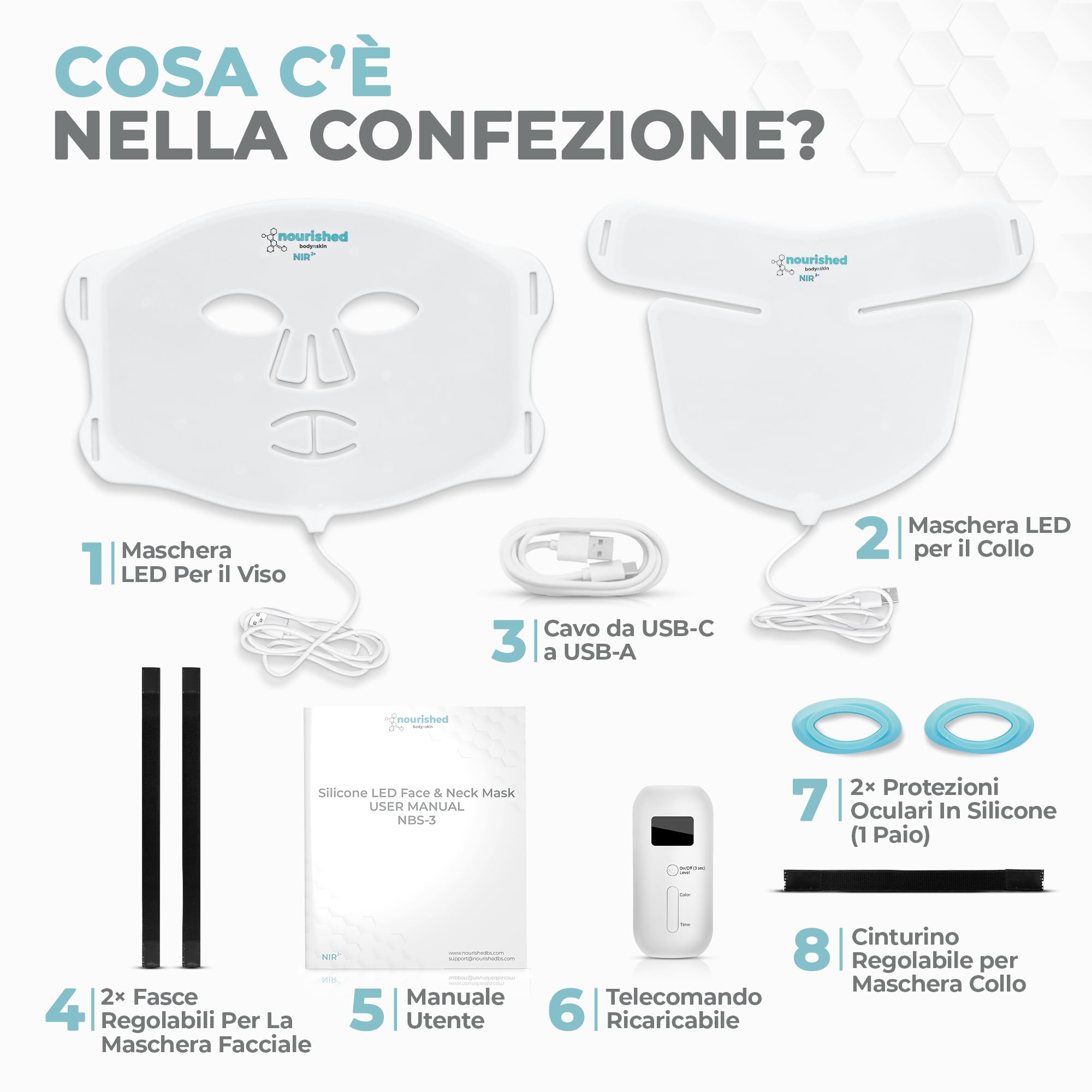 Nourished Bodynskin Maschera LED per Viso e Collo con Infrarossi Vicini - Terapia della Luce Blu, Rossa per il Viso - 228 LED - Strumento per la Cura della Pelle contro le Rughe, Anti-Età