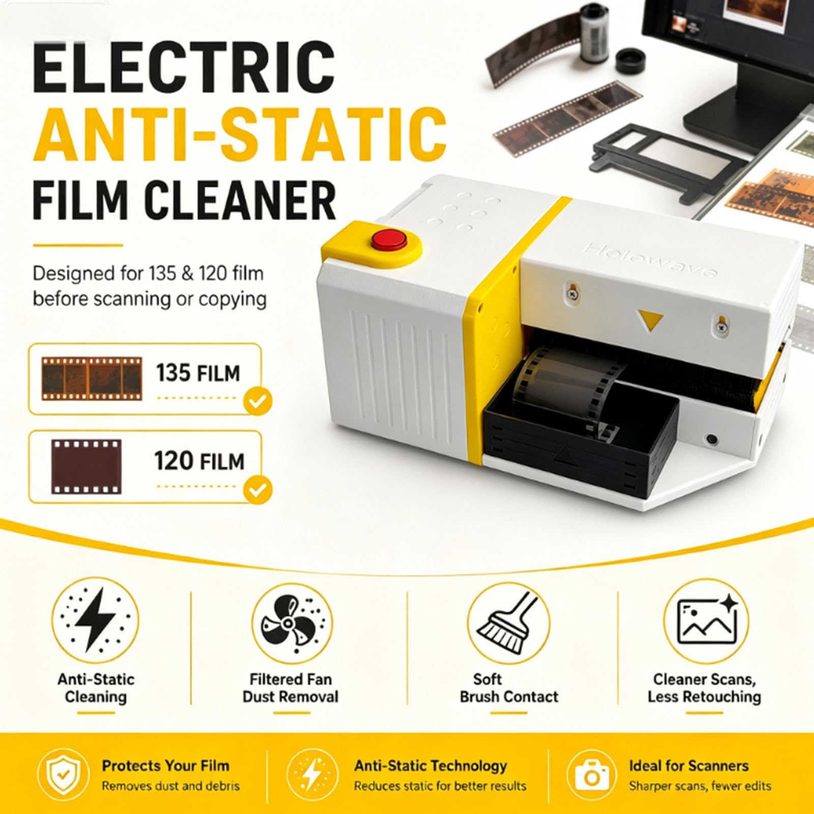 Antistatischer Elektrostatischer Filmreiniger, Antistatische Filmstaubentfernungsbürste Für 135/120-filme, 90 Mm Verstellbare Bürste Aus Reiner Wolle, Mit Filterlüfter, Zum Scannen Reinigen