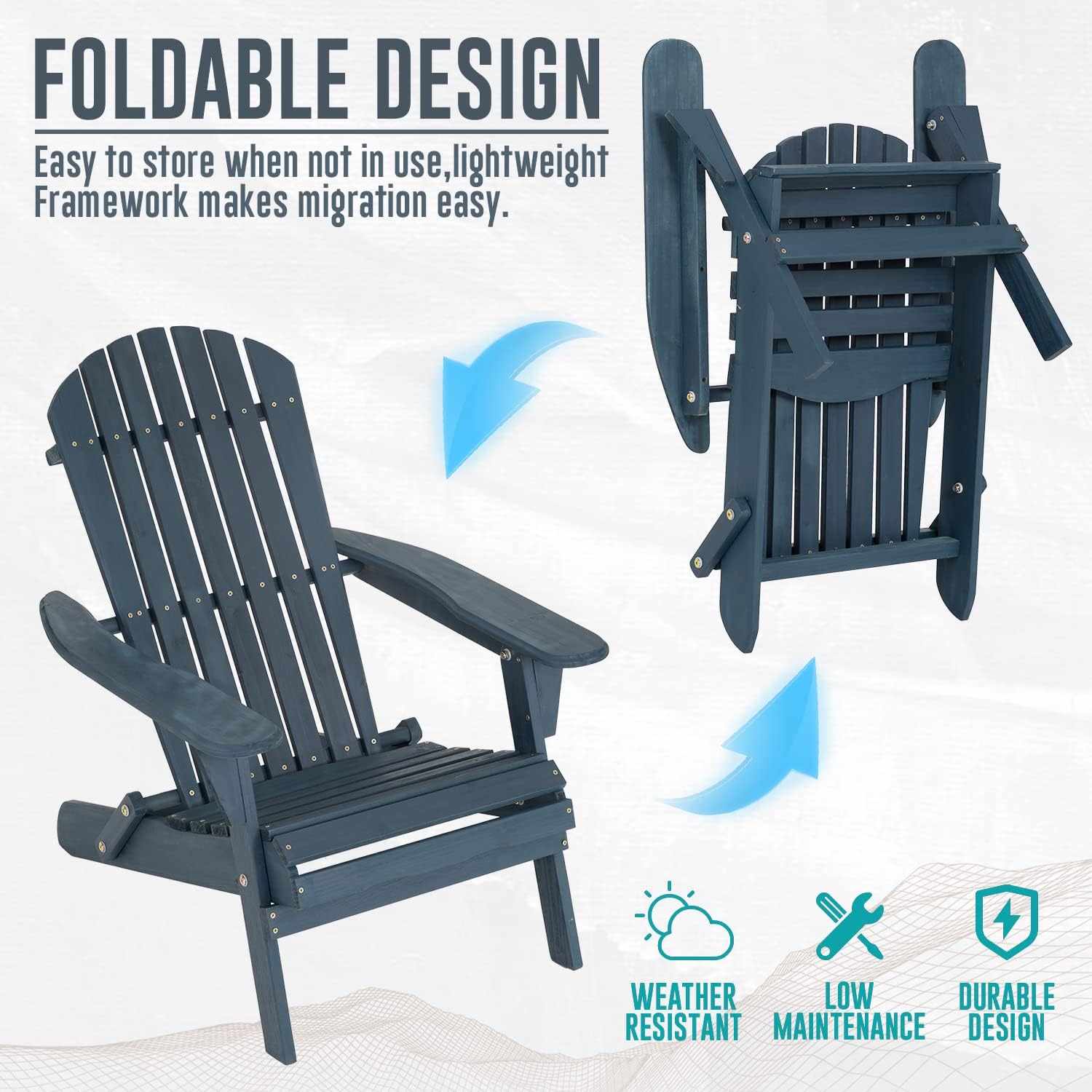 FDW Folding Adirondack Chair, All Weather Patio Chair Outdoor Fire Pit Chair for Patio Lawn Garden Backyard Deck Pool Beach