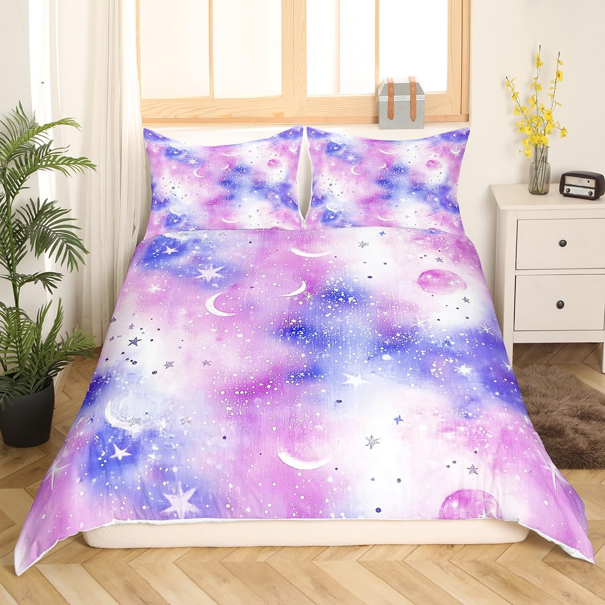 2 Pieces Star Moon Duvet Cover 100% Nature Cotton Toddler Size for Teens Youth,Tie Dye Sky Watercolor Galaxy Comforter Cover,Cartoon Night Abstract Gradient Print Super Soft Bedding (Not Comforter)