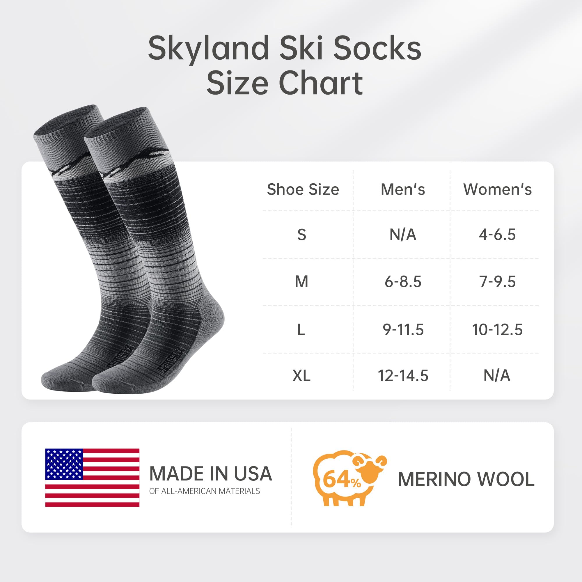 SAMSOX 2 paia di calzini da sci in lana merino, prodotti negli Stati Uniti, leggeri con cuscino mirato, calzini da sci per uomo e donna (Skyland)