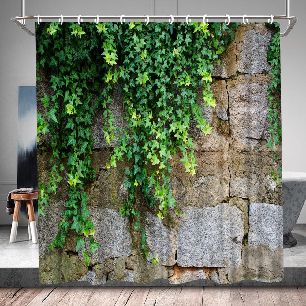 Green Leaves Shower Curtain Stone Brick Wall Leaf Floral Spring Nature Plant Scenery Rustic Marble Rocks Stone Wall Garden Bathtub Curtains Fabric Bathroom Accessories with Hooks 90Wx70H Inch