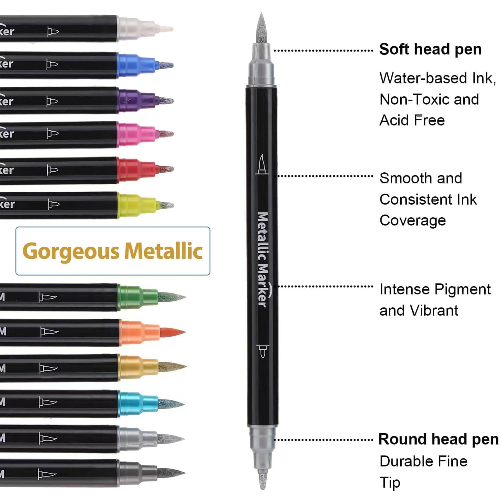 Colourcolor Zestaw 12 metalicznych markerów – pędzelek z podwójną końcówką i cienkimi końcówkami do albumu DIY, czarnych kart, malowania skalnego, tworzenia kart, scrapbookingu, tkanin, metalu