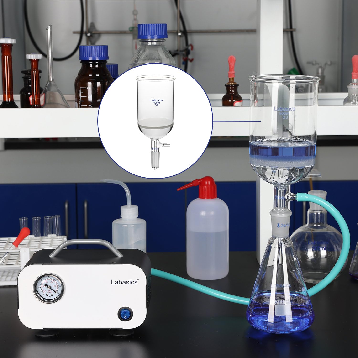 Labasics Borosilicate Glass Buchner Filtering Funnel with Fine Frit (G3), 65mm Inner Diameter, 100mm Depth, with 24/40 Standard Taper Inner Joint and Vacuum Serrated Tubulation (250ml)