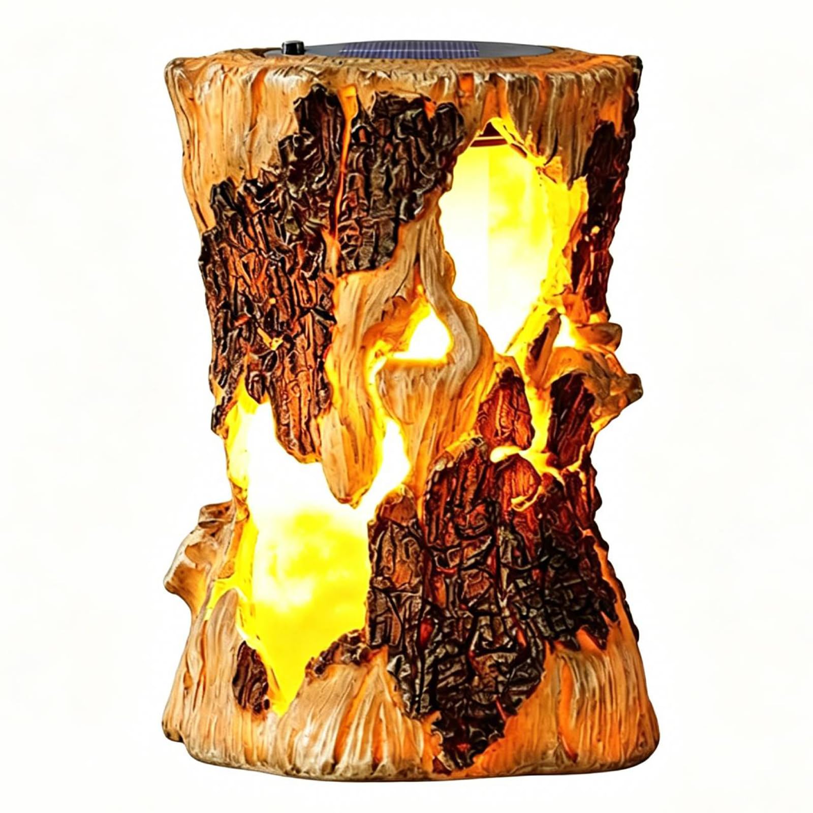 Introti Resin Simulated Wooden Pile Flame Lamp Weatherproof Solar Courtyard Festive Atmosphere Lamp IP44 Creative Tree Stump Flame Light for Yard Balcony Porch Garden Decoration