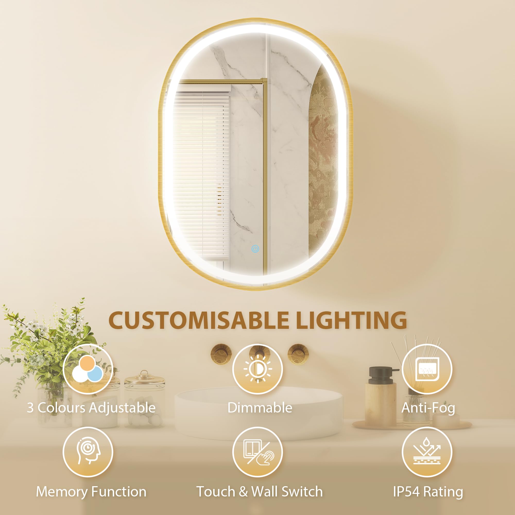 HOMCOM Armoire Murale Salle de Bain avec Miroir et Éclairage LED, 50x14,5x70cm, Meuble Salle de Bain à Porte Ovale Alliage d'Aluminium, Anti-Buée, 3 Températures de Lumière, Étagères Réglables, Doré
