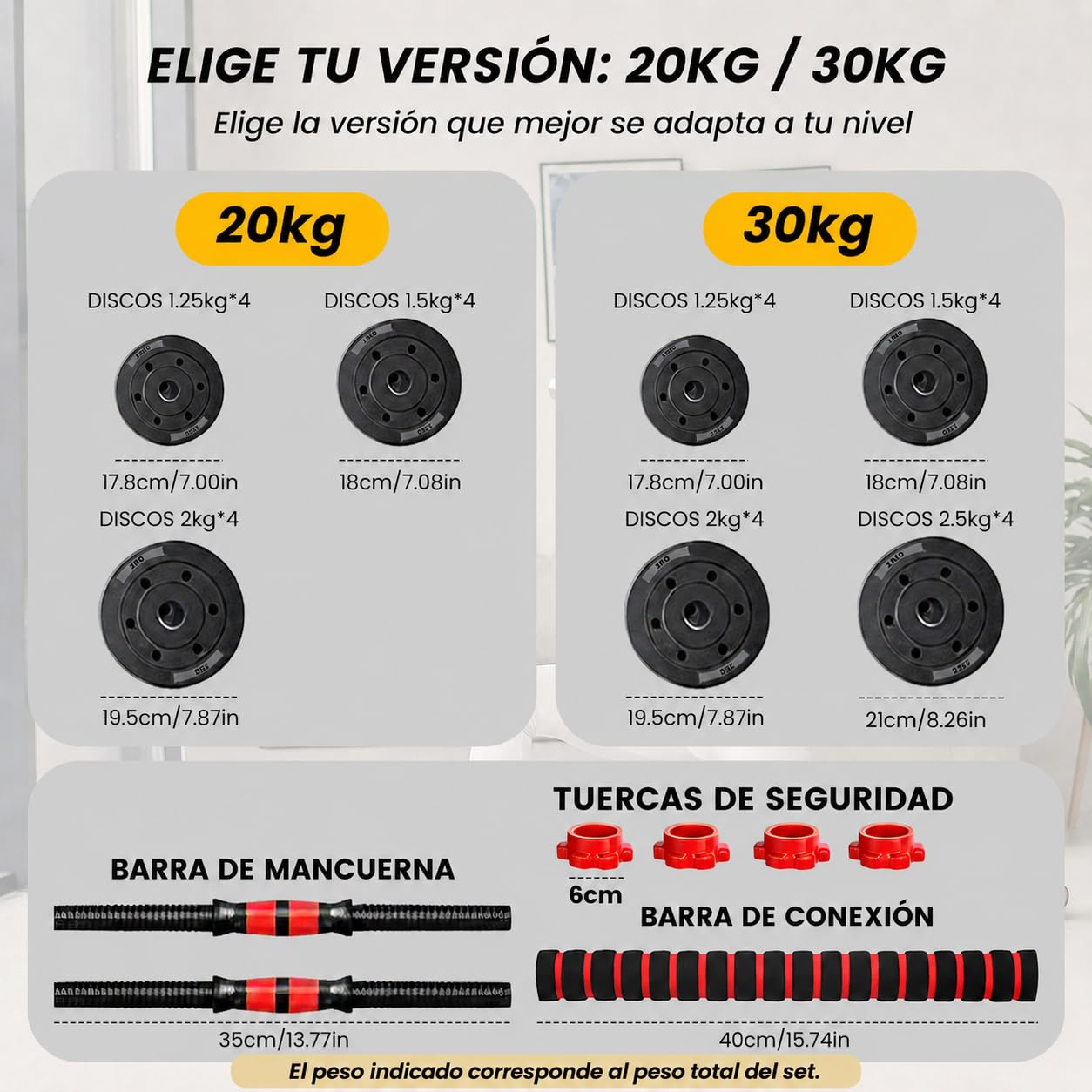 Mancuernas Ajustables 20kg/30kg, Juego de Pesas y Mancuernas 2 en 1 con Barra de Conexión, Set dePesas Ajustables con Cierre Seguro para Gimnasio en Casa y Entrenamiento de Fuerza