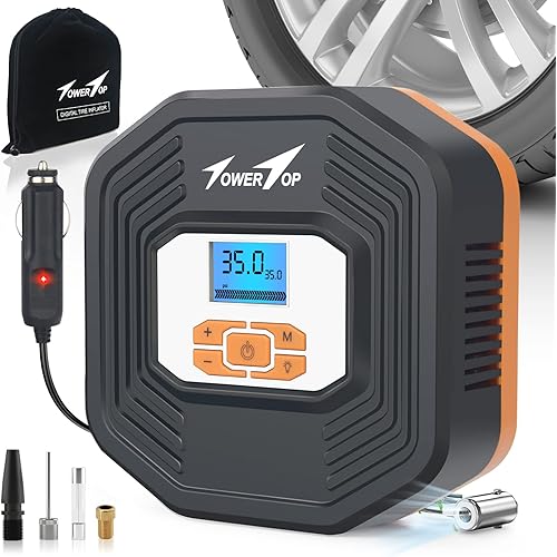 TowerTop Air Compressor,12V DC Portable Tire Inflator Pump,Auto Shut Off Feature, Digital LCD Display, Emergency LED Flashlight, for Car Truck Motorcycle Bicycle Tires(Black Orange)