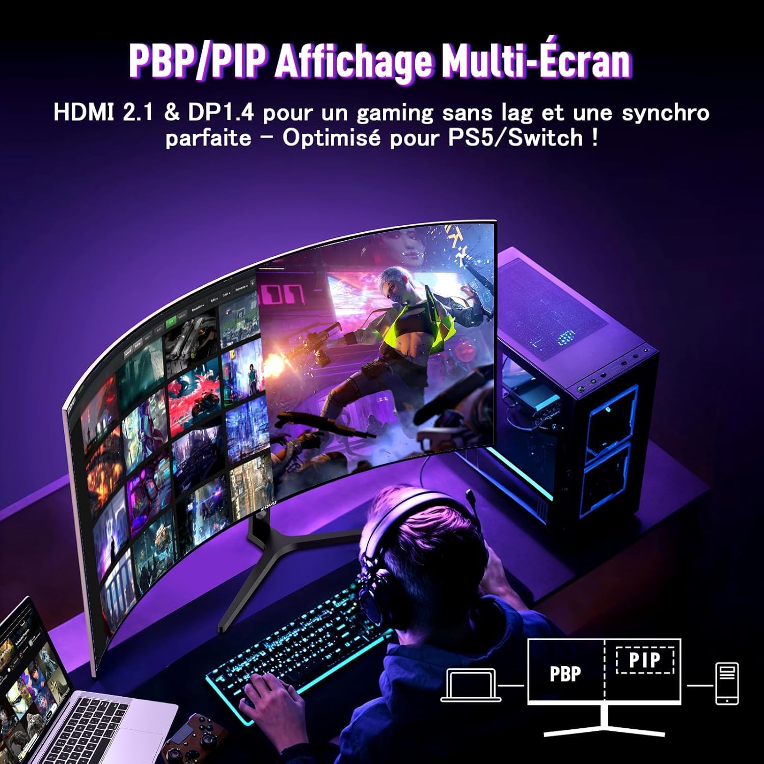 Amzfast Écran PC Gamer 34 Pouces 240Hz/UWQHD Moniteur Incurvé 3440x1440 (21:9), 450 nits, Eyes Care, sRGB 130%, Adaptive Sync, HDR400, HDMI 2.1x2, DP 1.4x2, VESA 75x75, PIP/PBP, AMZG34C5QPro