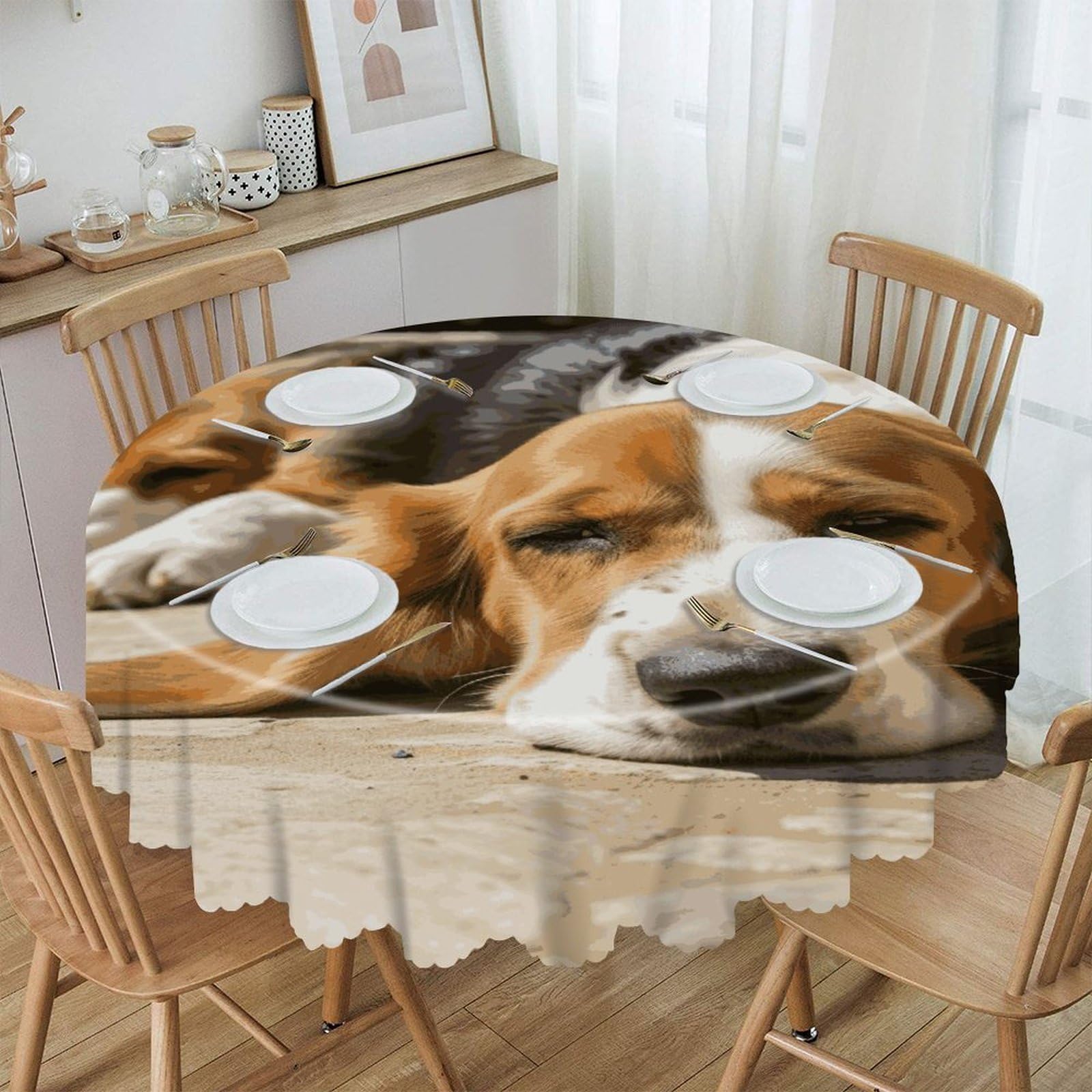 FekiLoot 60 Inch Round Resting Dog Tablecloth Waterproof Heavy Duty Polyester Table Cloth Spill-Proof Wipeable Table Cover Decorative Circle Dining Tablecover for Party Outdoor