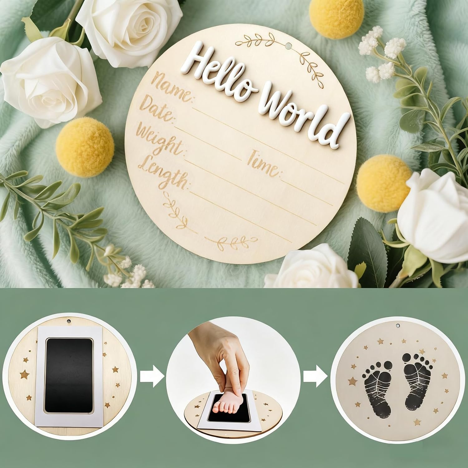 XCMVCN Baby Announcement Sign, 5.9 Inch Round Wooden Hello World Newborn Signs, Birth Announcement Sign: Equipped with Ink Pad Can Baby Handprints and Footprints for Photo Prop Hospital Nursery Gift thumbnail