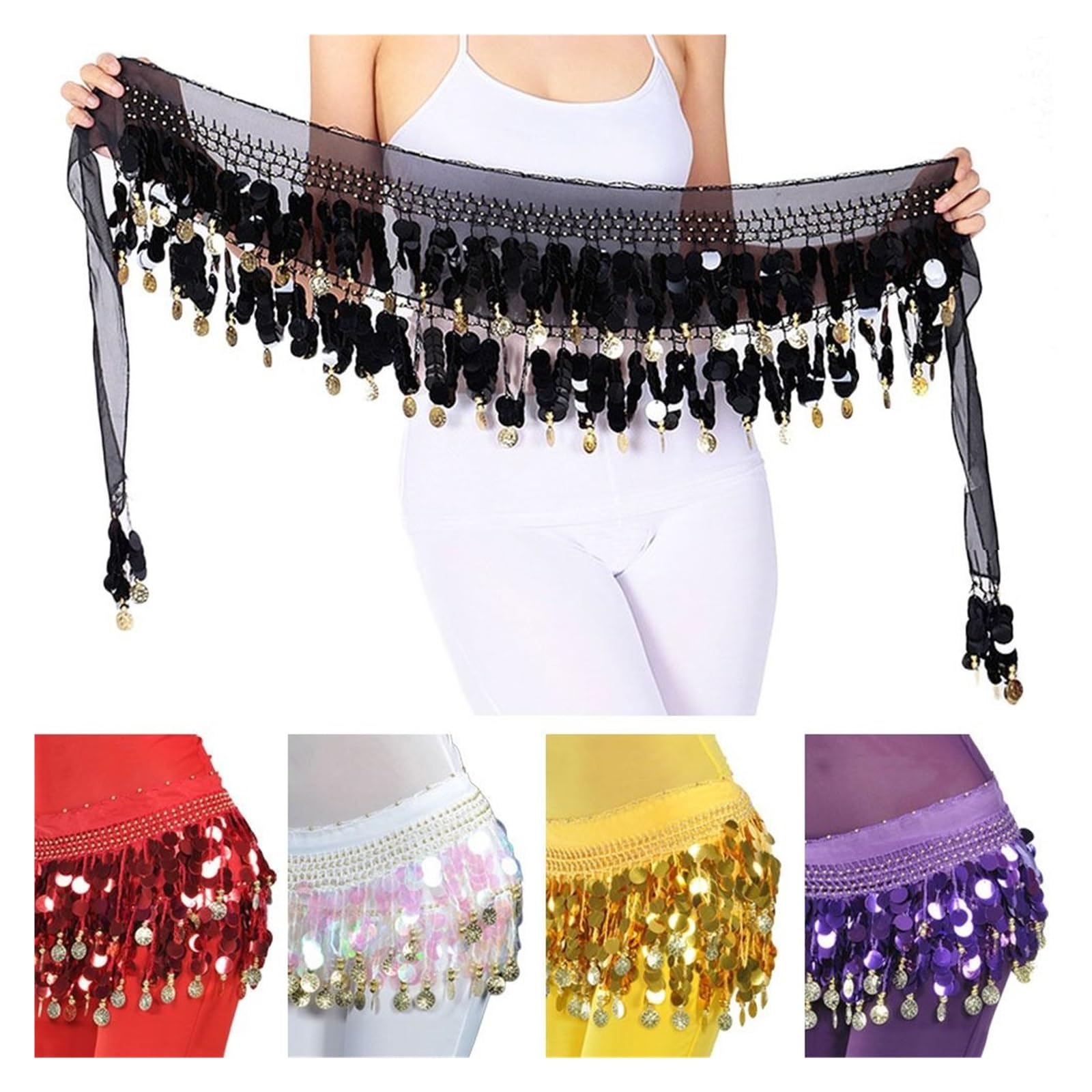 Belly Cintura da danza del ventre con paillettes e pompon per donna, gonna da ballerina, catena in vita, sciarpa per anca