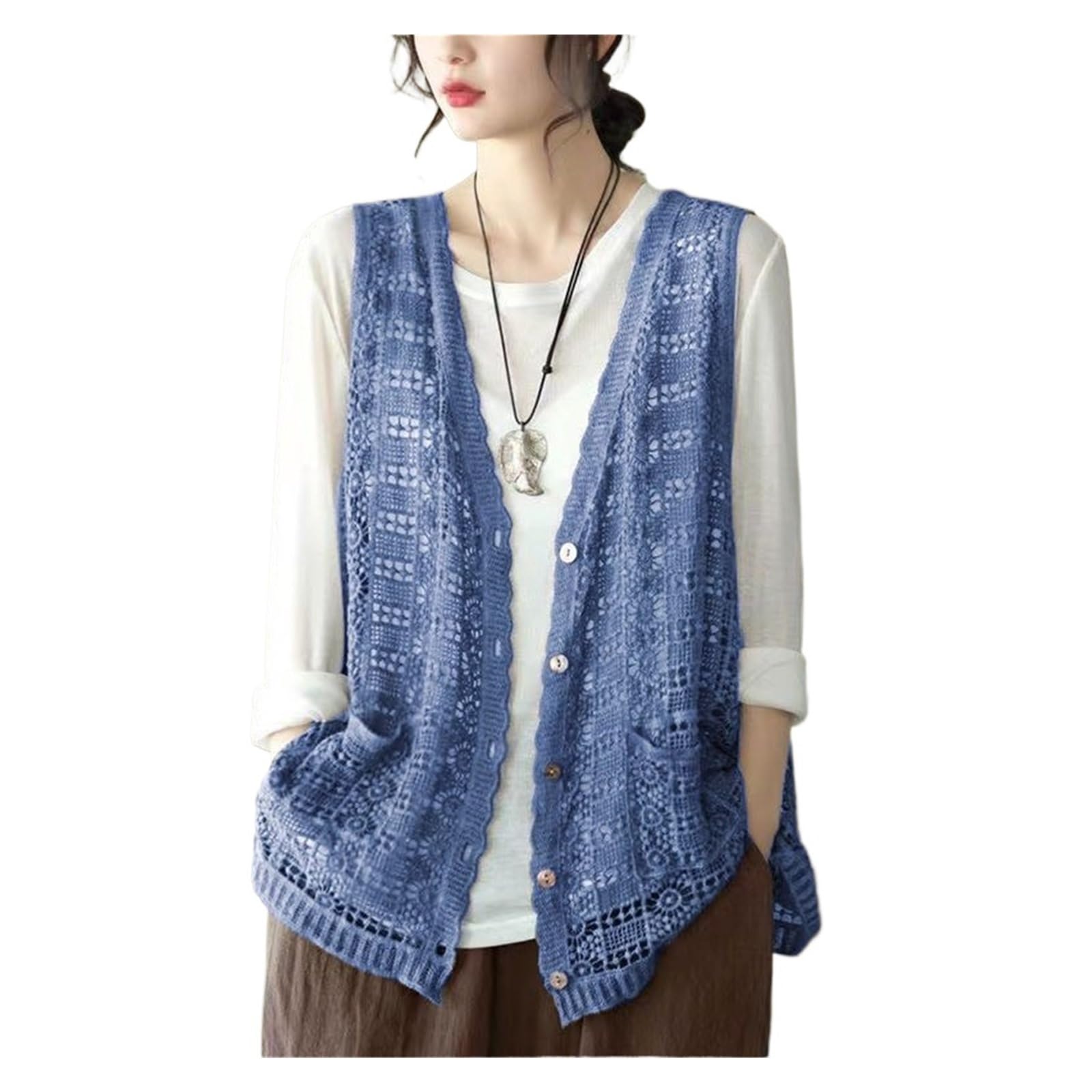 Gilet da Donna in Pizzo Cardigan all'Uncinetto Cavo con Scollo a V