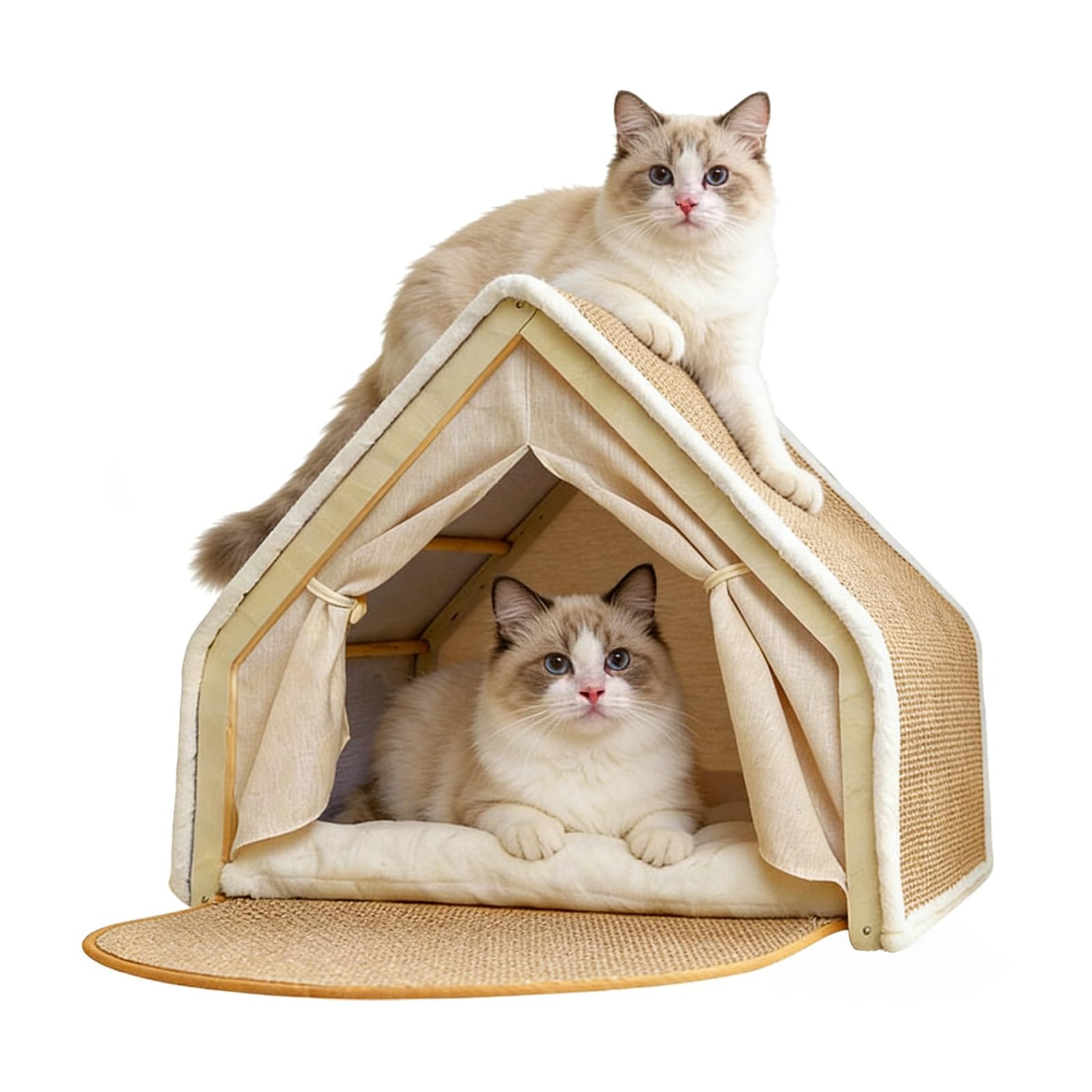 Cuccia Gatto Interno Chiuso, Casetta per Gatti in Legno con Sisal, Tenda Morbida per Gatti Timidi, 2 in 1 con Cuscino, 50x40x40cm
