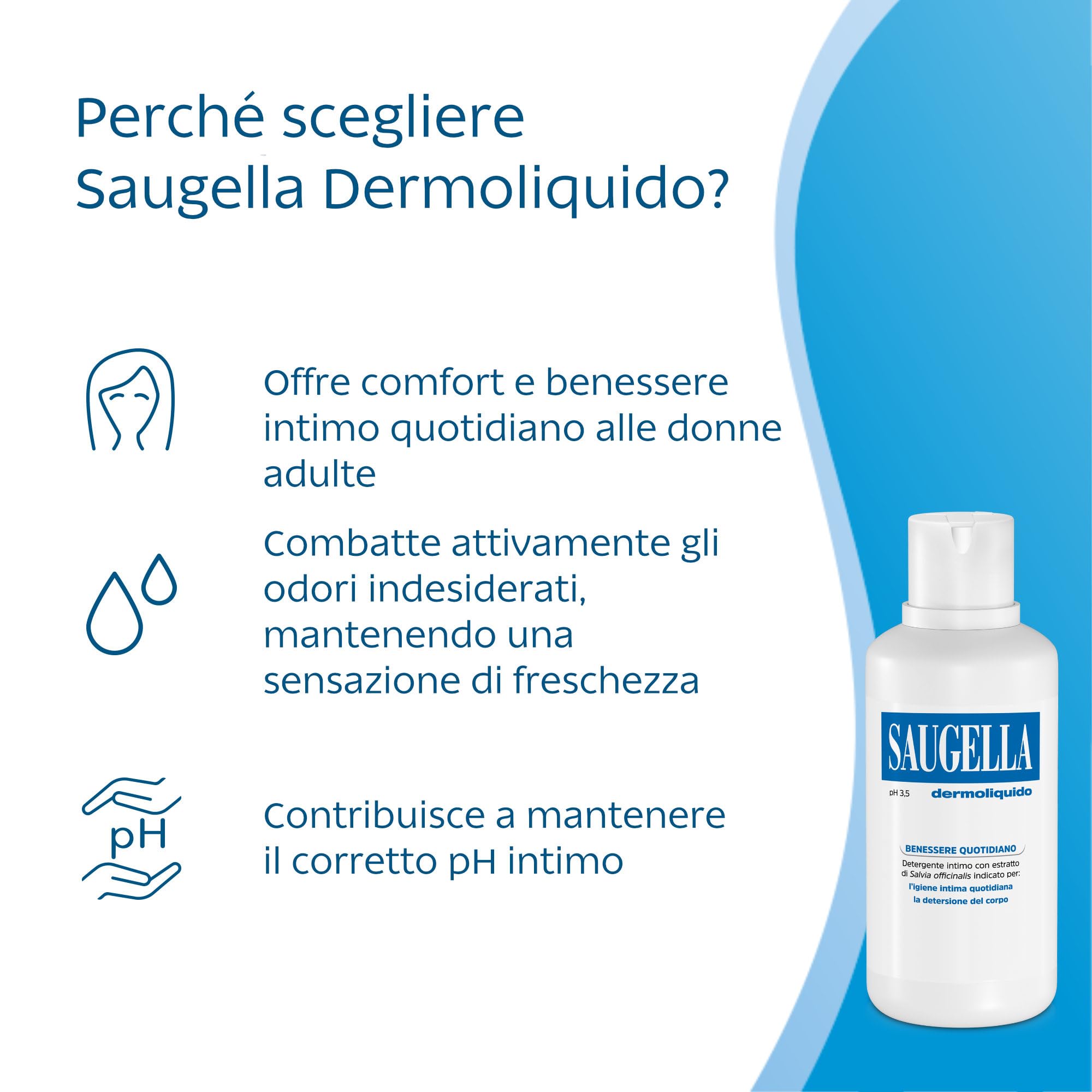 Saugella Dermoliquido Detergente Intimo Quotidiano, pH 3.5, Antiodore, Rinfrescante e Tonificante, con Salvia e Acido Lattico, 750 ml