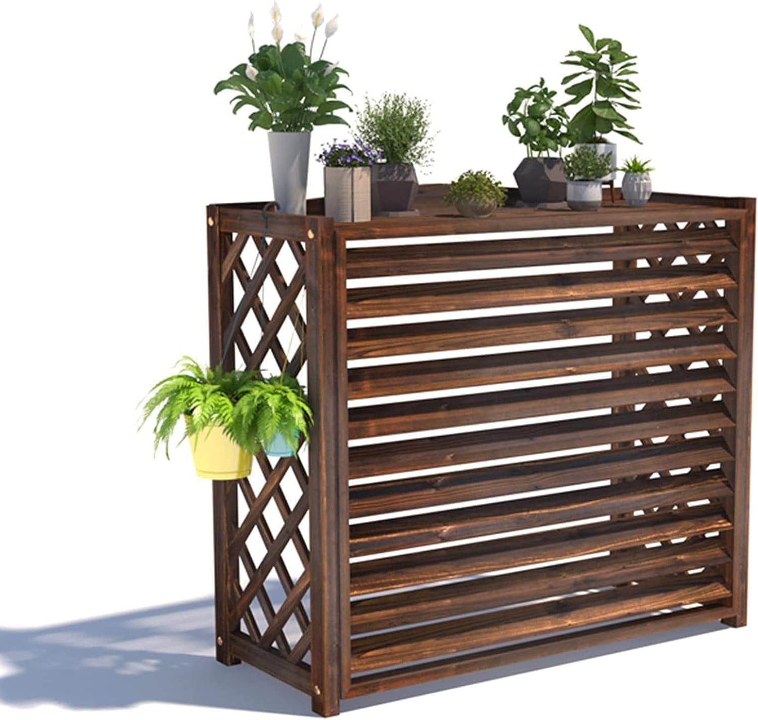 Cache-climatiseur extérieur en bois massif avec étagère à fleurs et rangement 97x40x85 cm